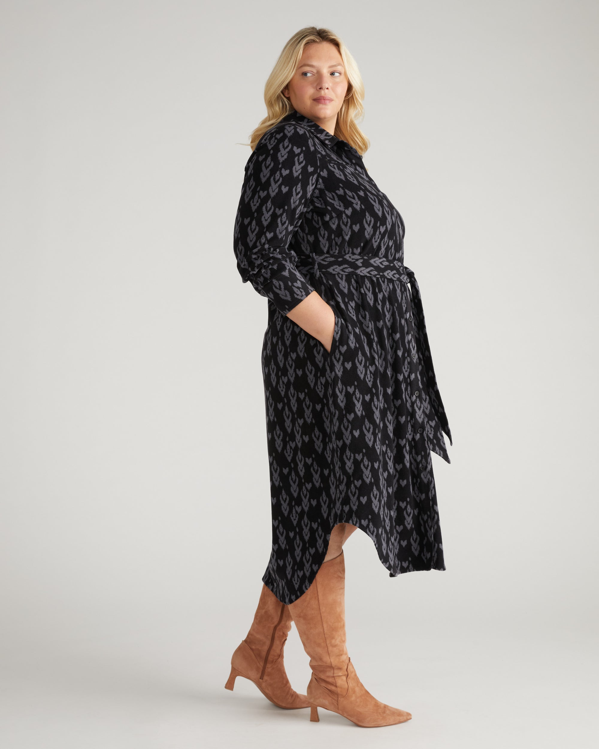 Morgan Belted Stretch Flannel Shirtdress - Indigo Ikat Arrow