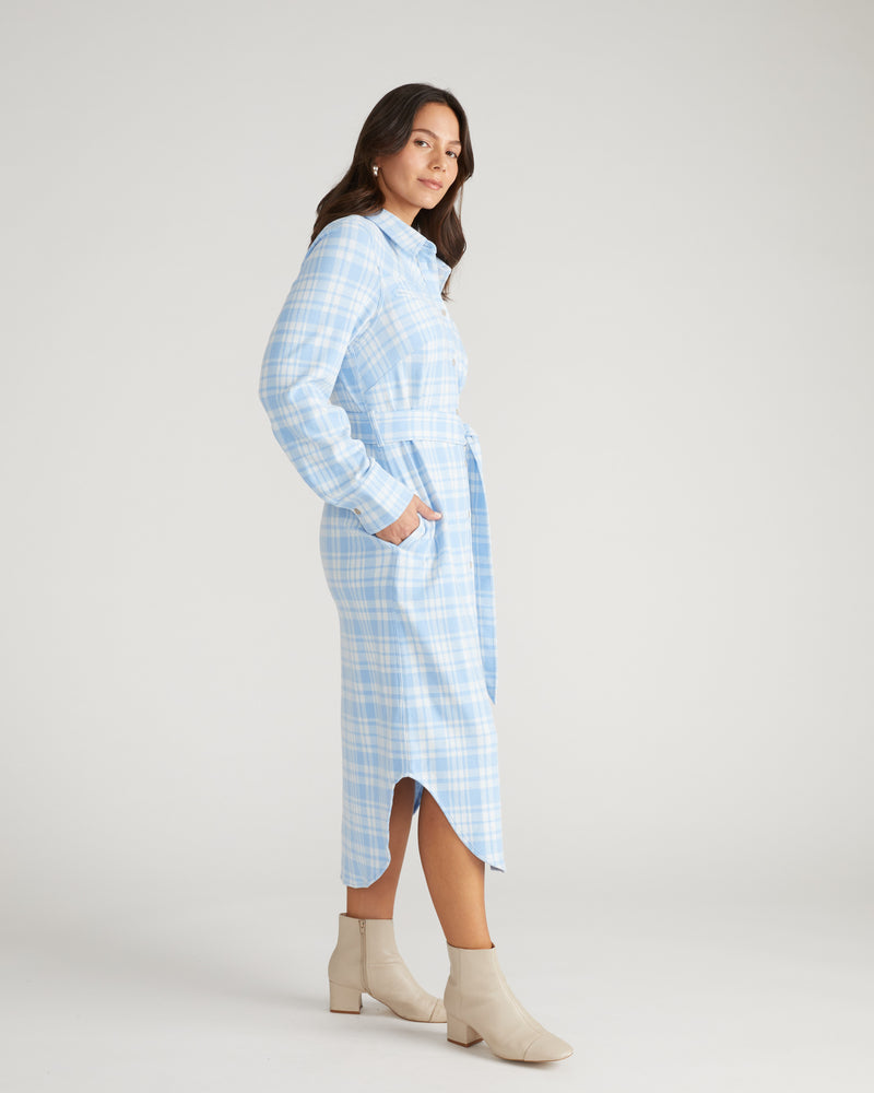Morgan Belted Stretch Flannel Shirtdress - Teapot Whistle Blue Plaid