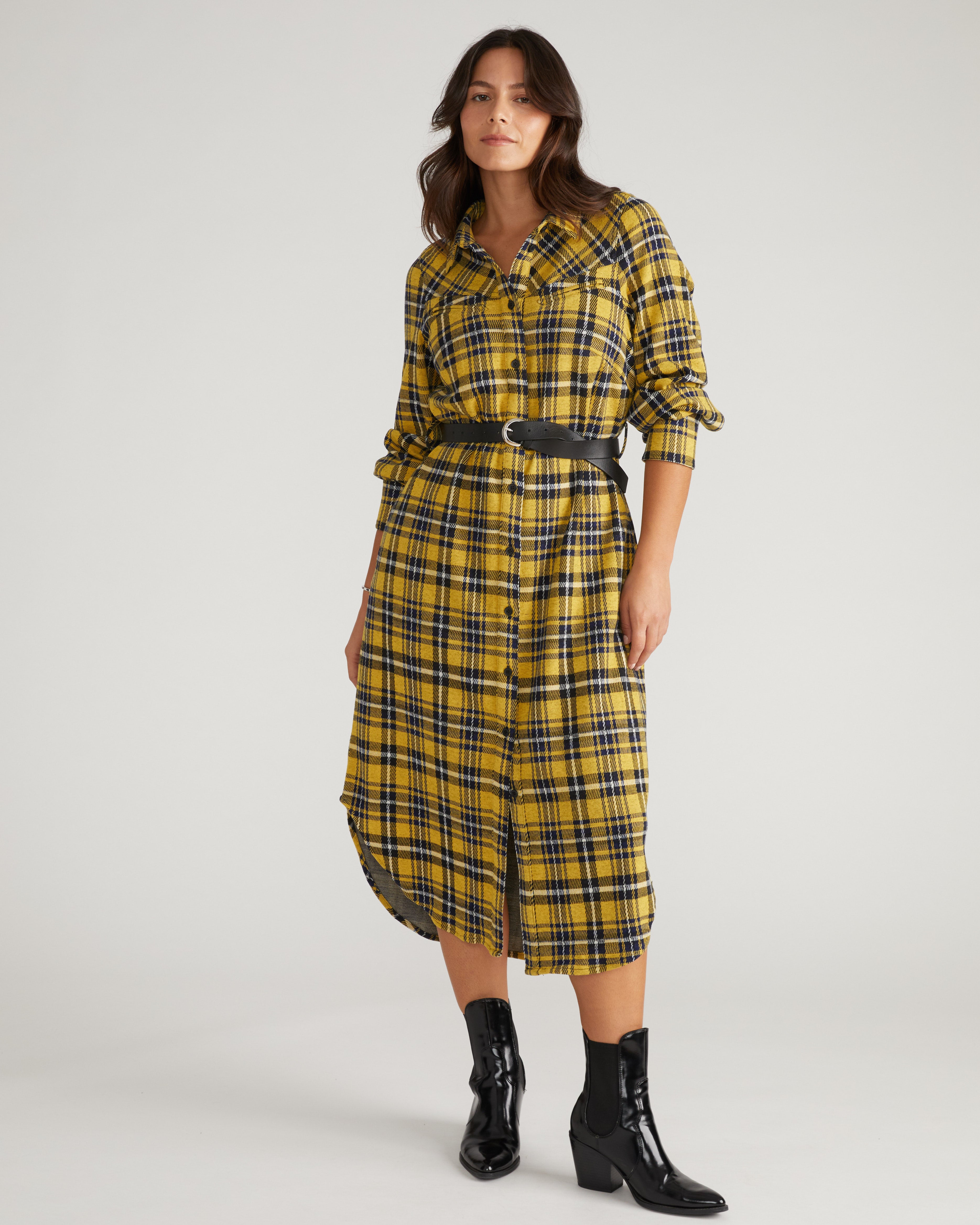 Morgan Belted Stretch Flannel Shirtdress - Chamomile Yellow Plaid