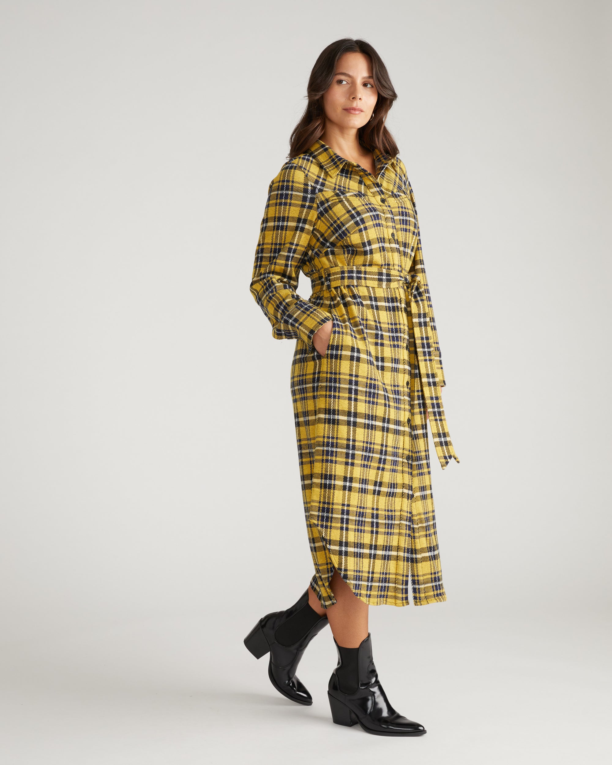 Morgan Belted Stretch Flannel Shirtdress - Chamomile Yellow Plaid