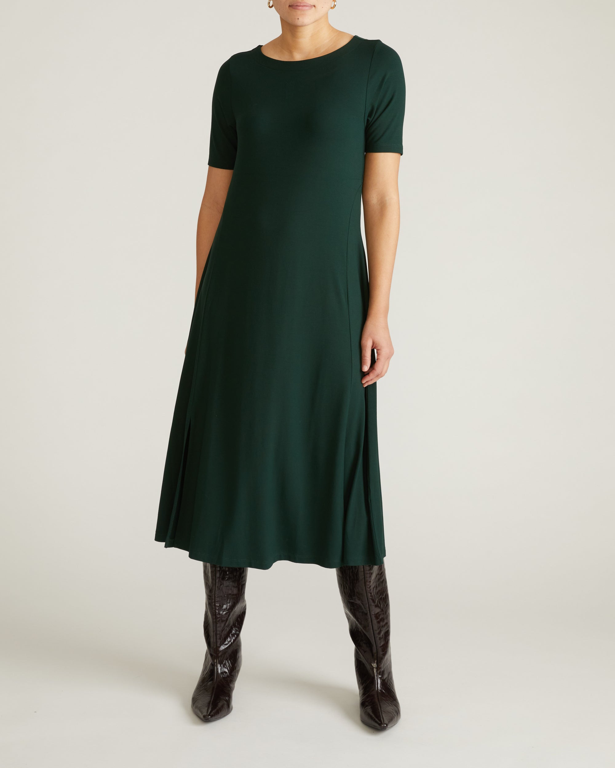 Woman wearing Serena Boat Neck Divine Jersey Dress - Forest Green from Universal Standard