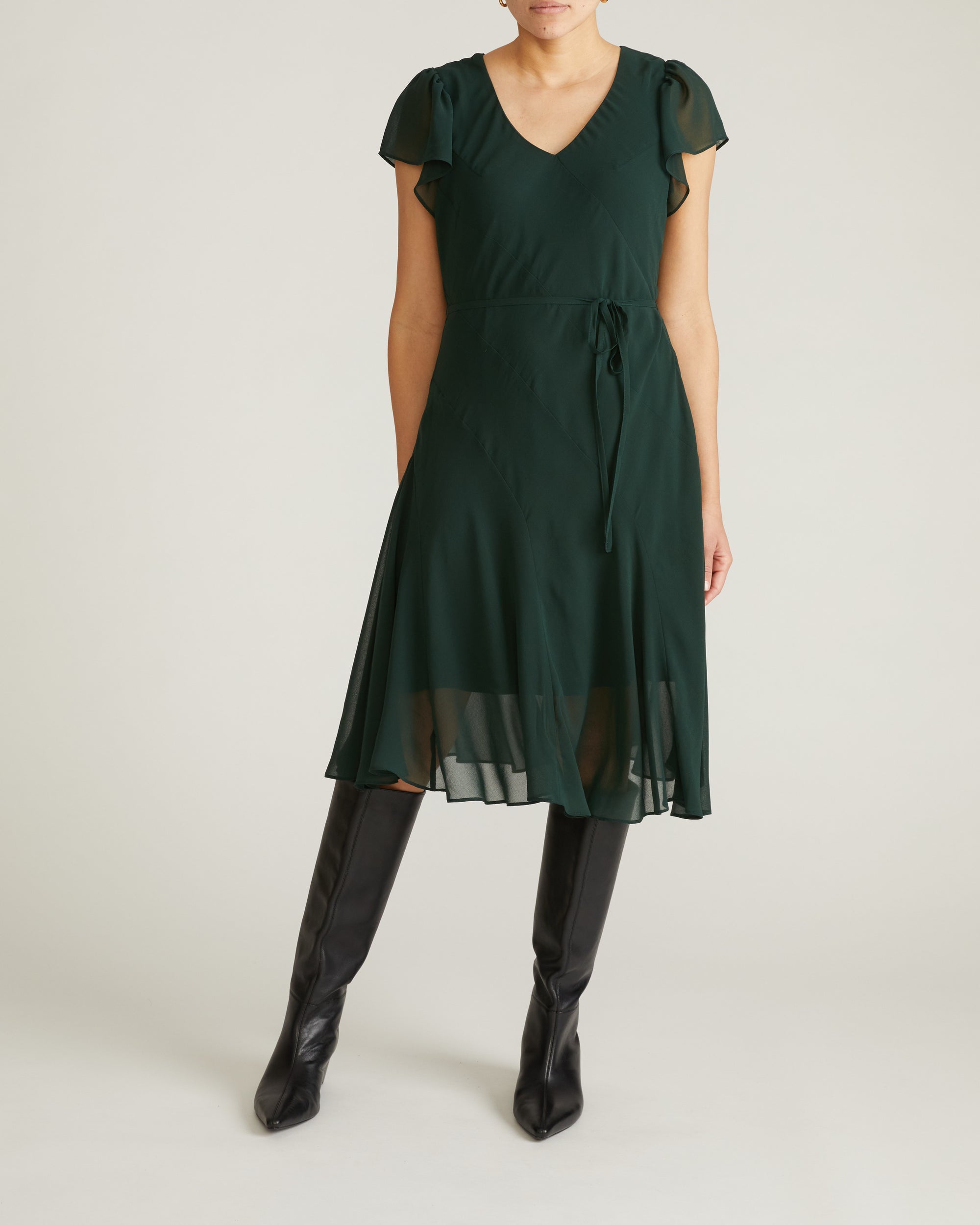 Woman wearing Seville Chiffon Dress - Forest Green from Universal Standard