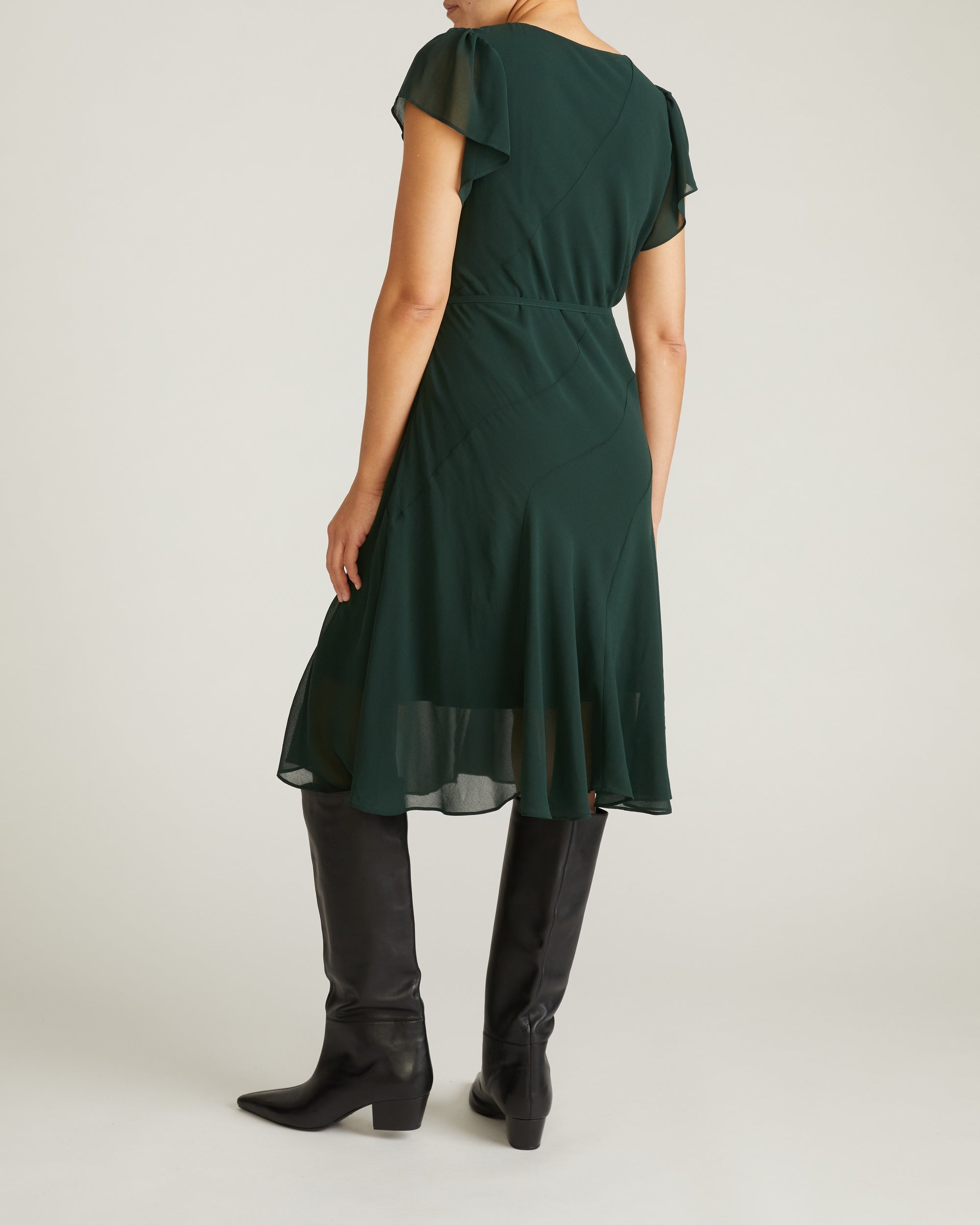 Woman wearing Seville Chiffon Dress - Forest Green from Universal Standard