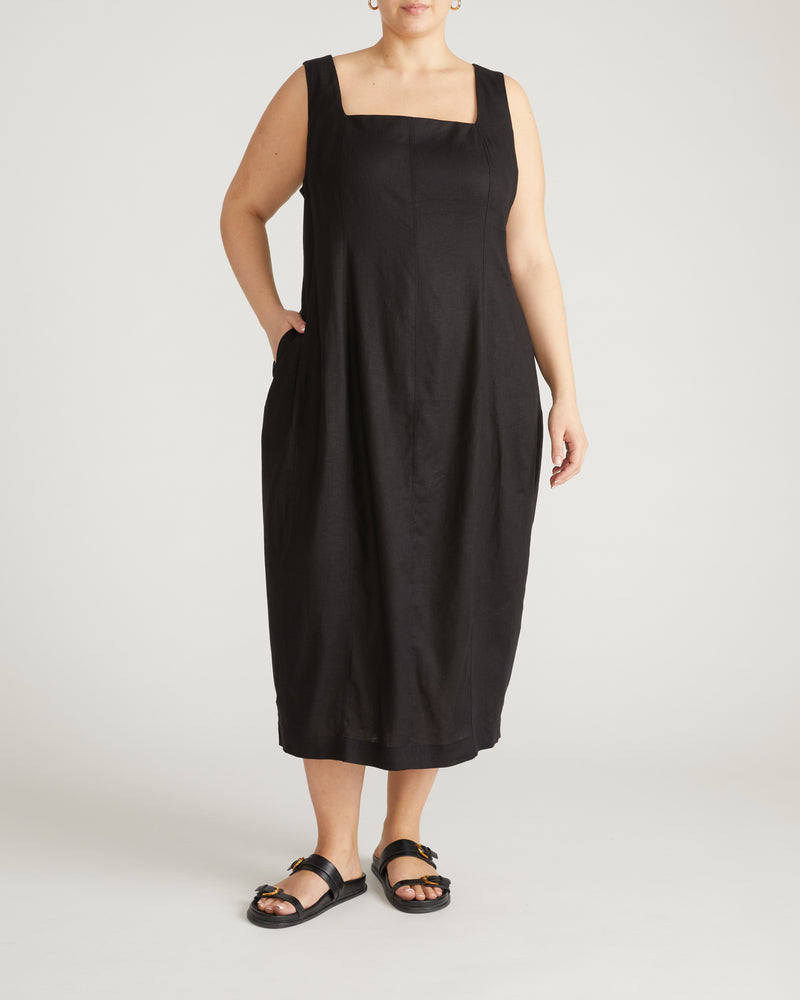 Saulay Square Neck Linen Midi Dress - Black | Plus Size & Straight Size Women's Fashion | Universal Standard