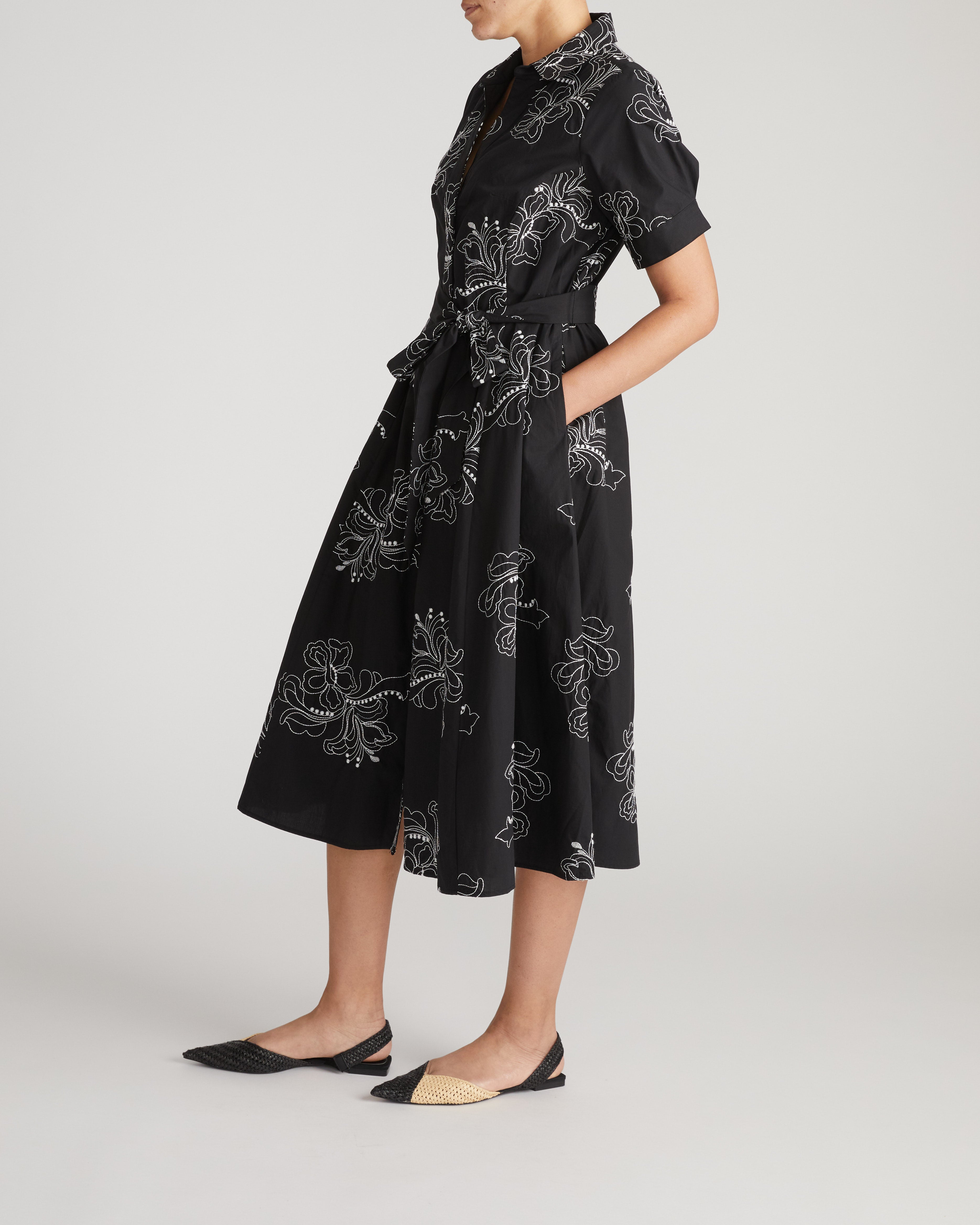 Tina Stretch Poplin Shirtdress - Hibiscus Embroidery – Universal
