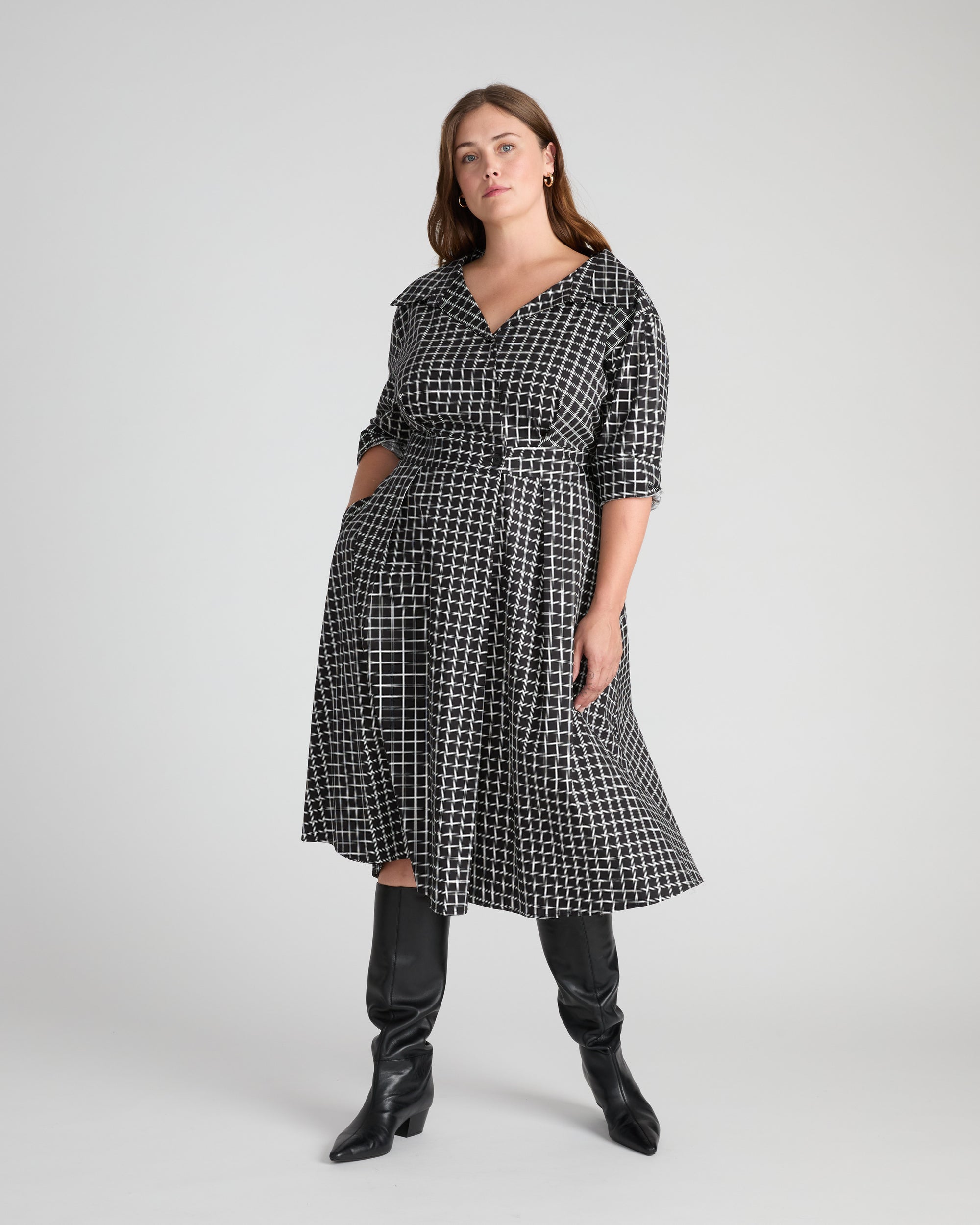 Samia Faux Wrap Cotton Poplin Dress - Black Windowpane Check | Plus Size & Straight Size Women's Fashion | Universal Standard