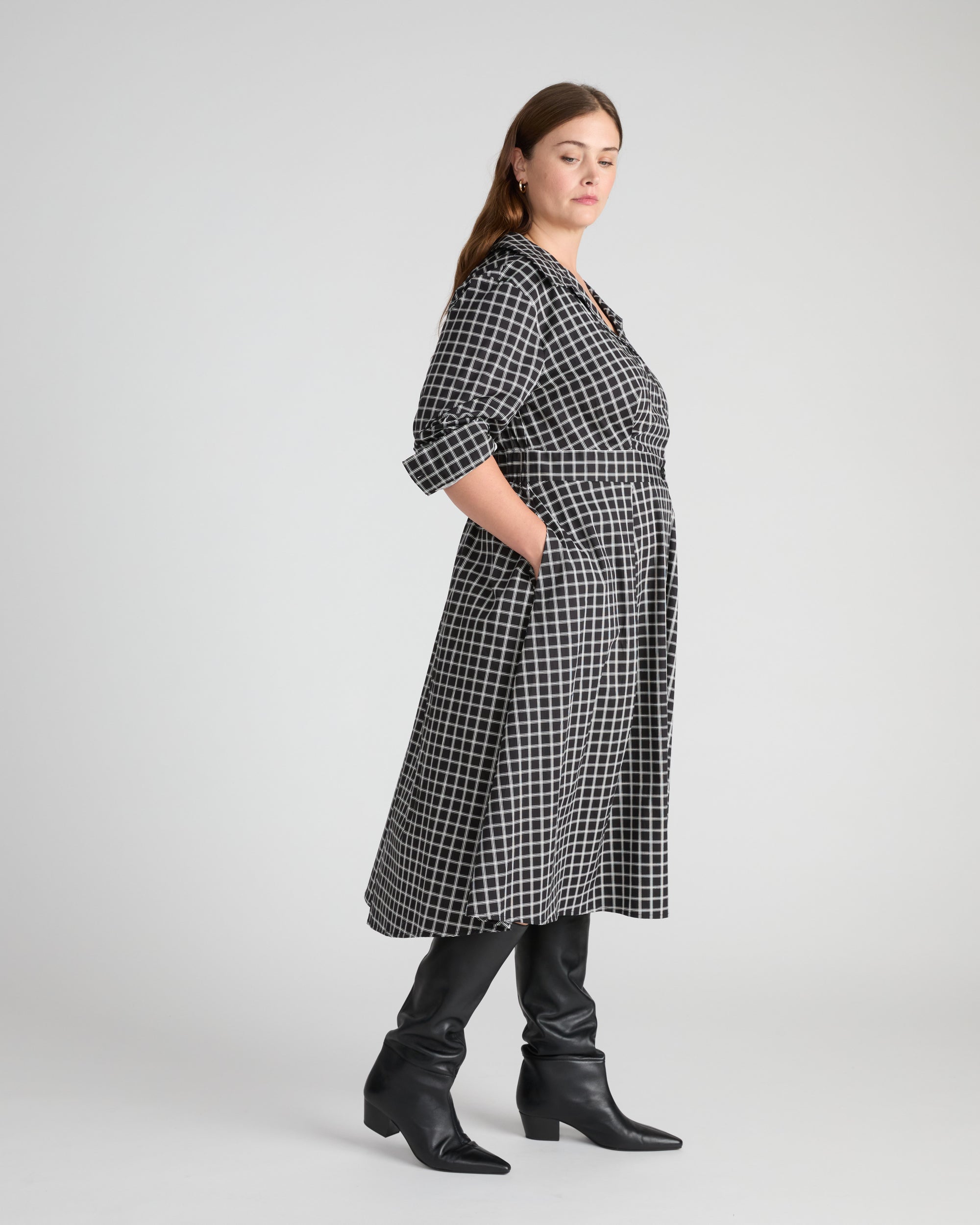 Samia Faux Wrap Cotton Poplin Dress - Black Windowpane Check | Plus Size & Straight Size Women's Fashion | Universal Standard