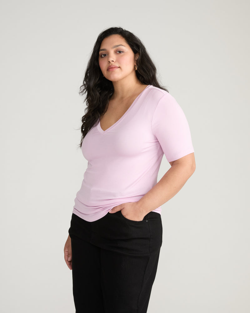 Cloud Rib Short Sleeve V-Neck Tee - Pink Dreams | Plus Size & Straight Size Women's Fashion | Universal Standard