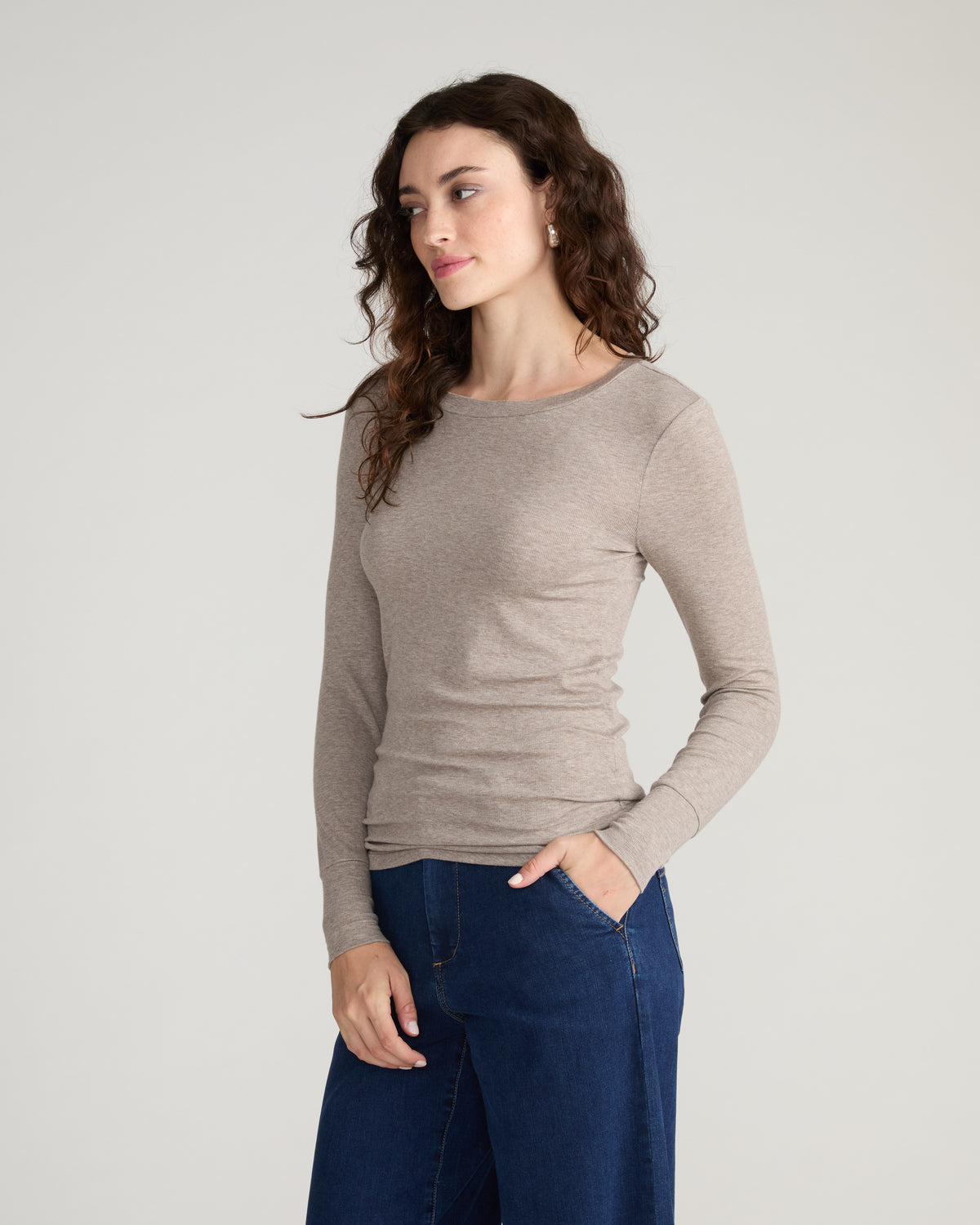Cloud Rib Long Sleeve Crew Neck Tee - Almond Dust | Plus Size & Straight Size Women's Fashion | Universal Standard