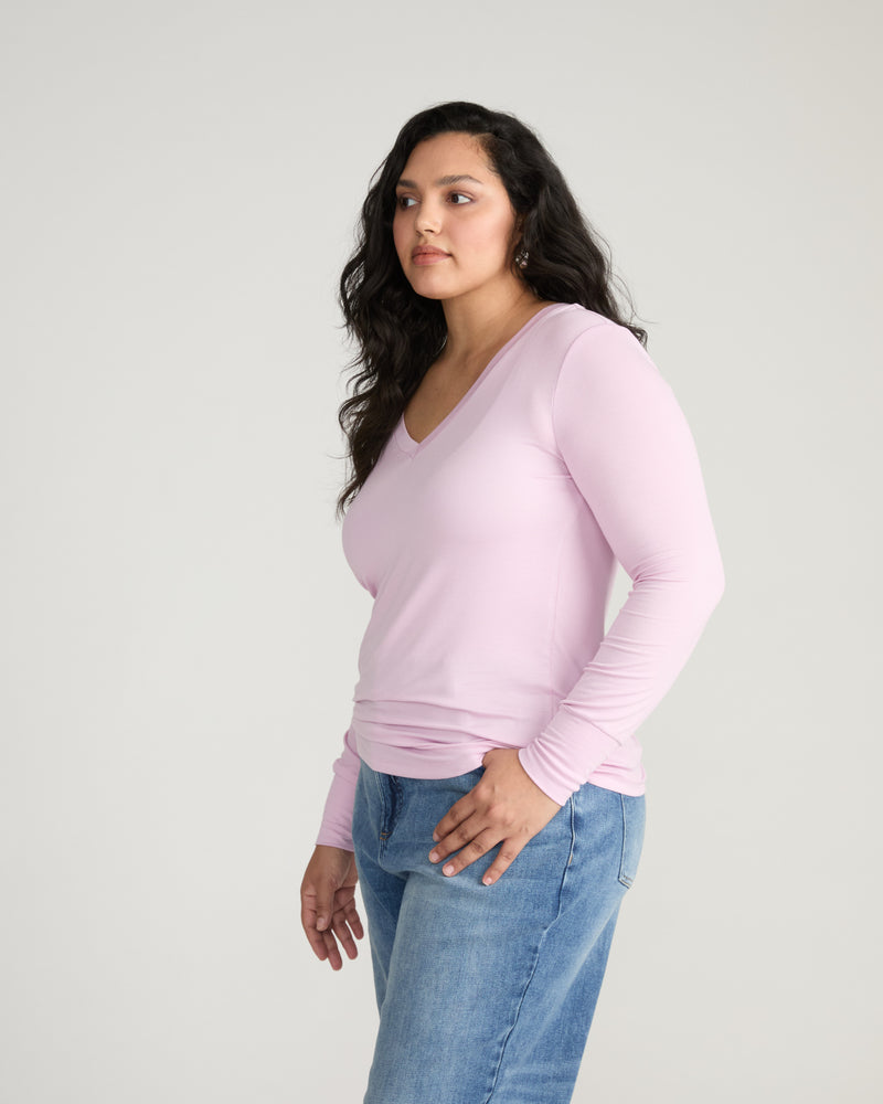 Cloud Rib Long Sleeve V-Neck Tee - Pink Dreams | Plus Size & Straight Size Women's Fashion | Universal Standard