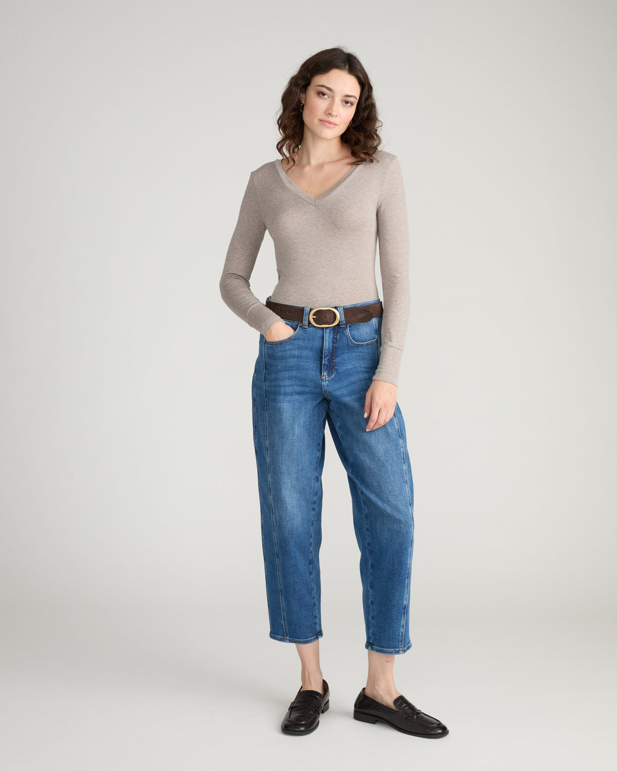 Cloud Rib Long Sleeve V-Neck Tee - Almond Dust | Plus Size & Straight Size Women's Fashion | Universal Standard