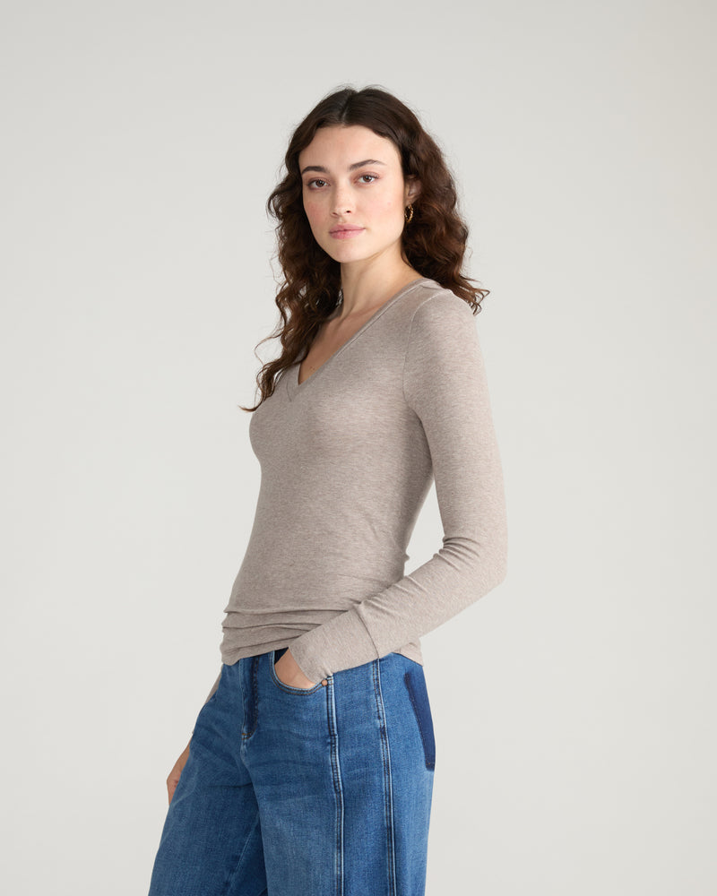 Cloud Rib Long Sleeve V-Neck Tee - Almond Dust | Plus Size & Straight Size Women's Fashion | Universal Standard