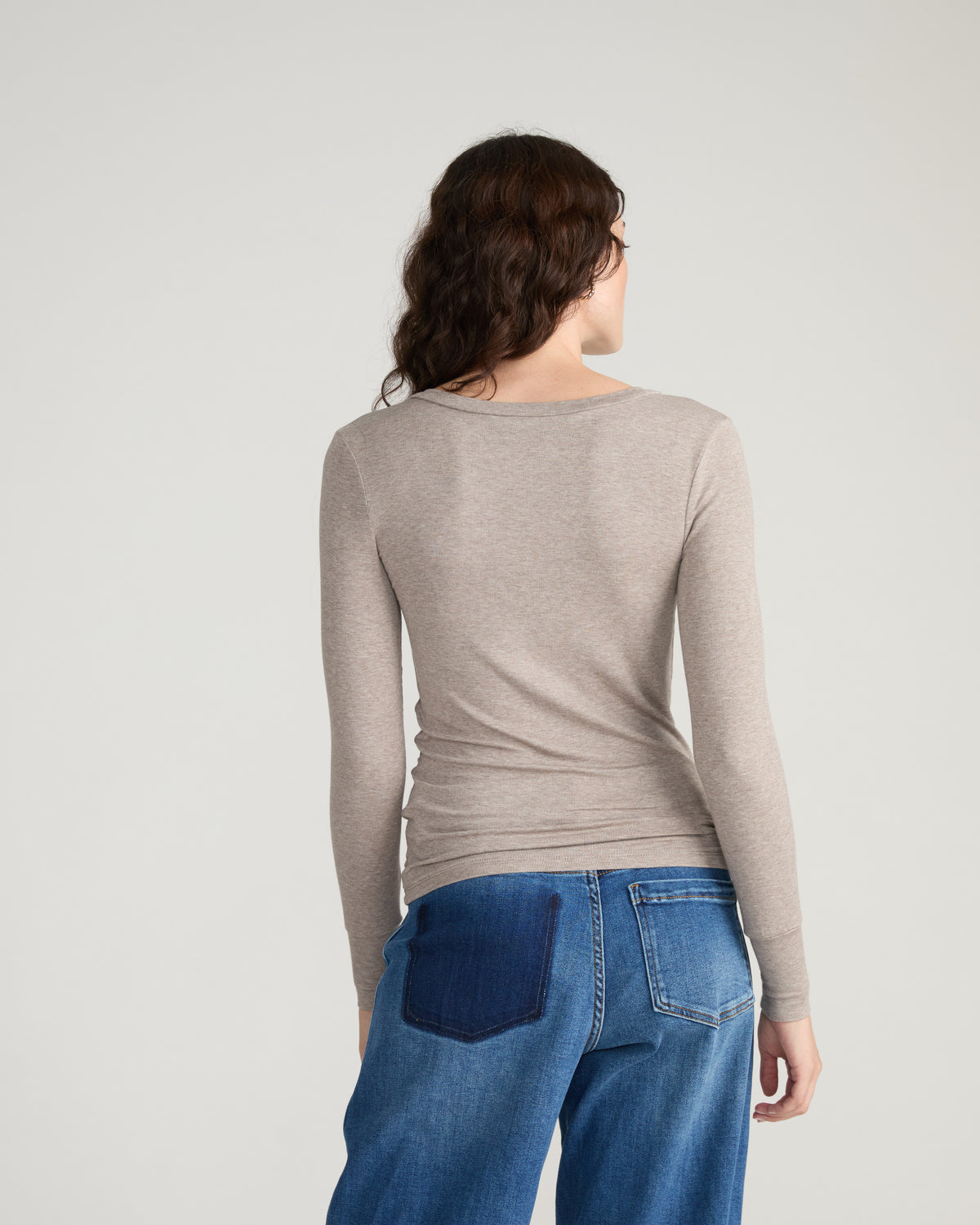 Cloud Rib Long Sleeve V-Neck Tee - Almond Dust | Plus Size & Straight Size Women's Fashion | Universal Standard