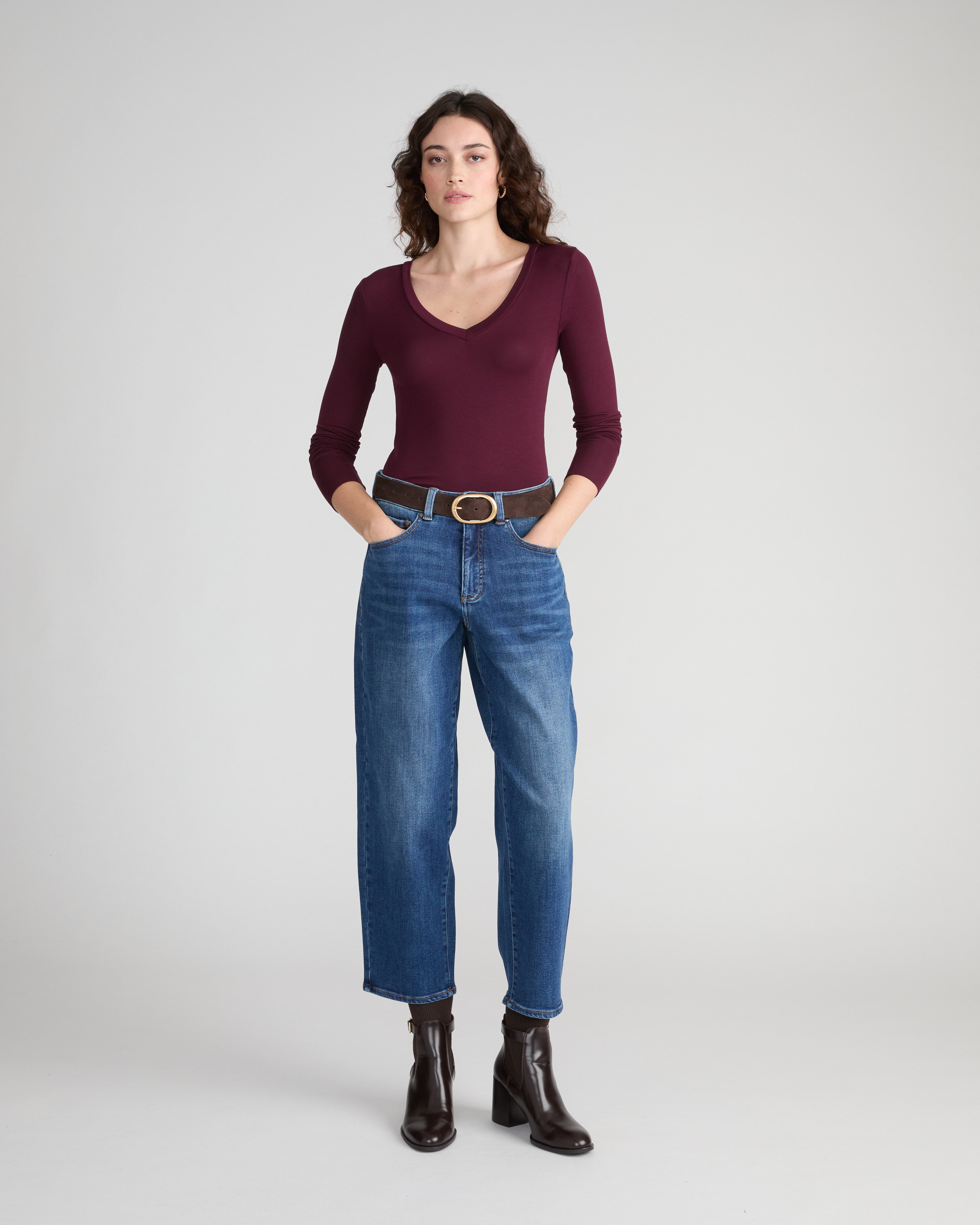 Cloud Rib Long Sleeve V-Neck Tee - Black Cherry | Plus Size & Straight Size Women's Fashion | Universal Standard