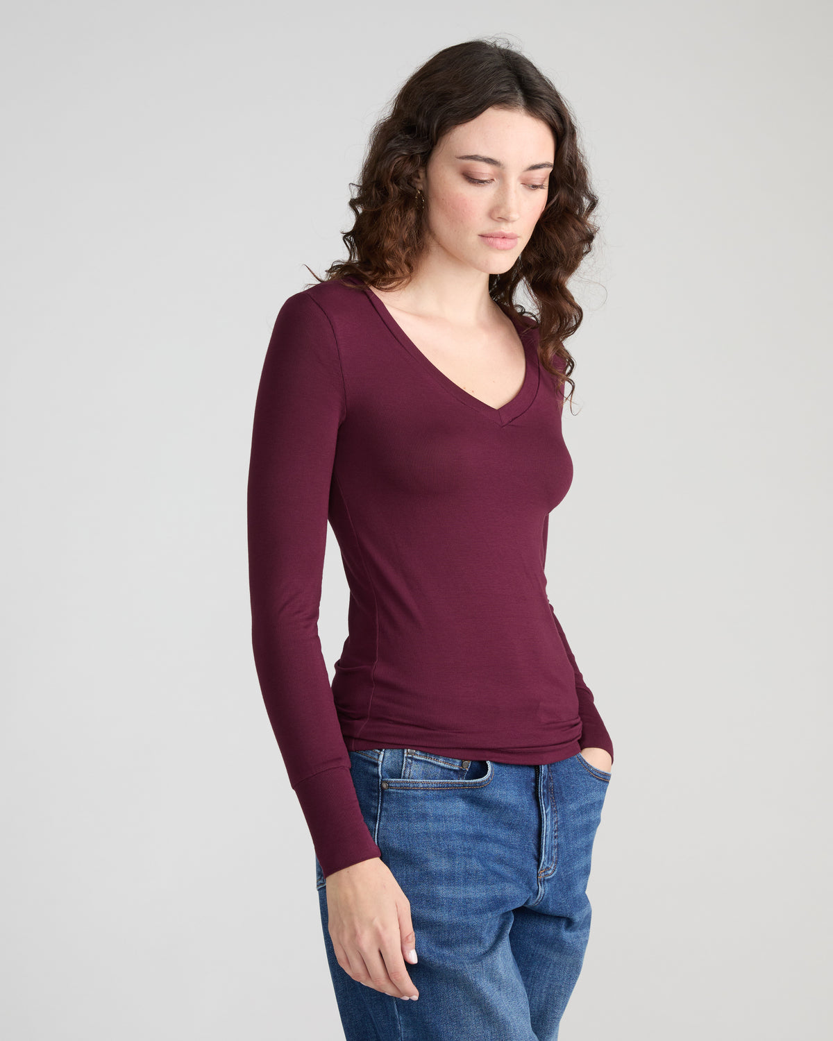 Cloud Rib Long Sleeve V-Neck Tee - Black Cherry