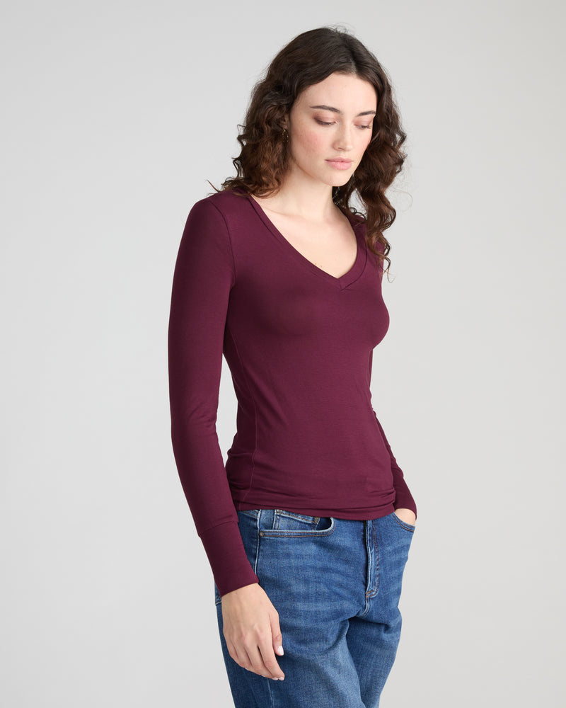 Cloud Rib Long Sleeve V-Neck Tee - Black Cherry