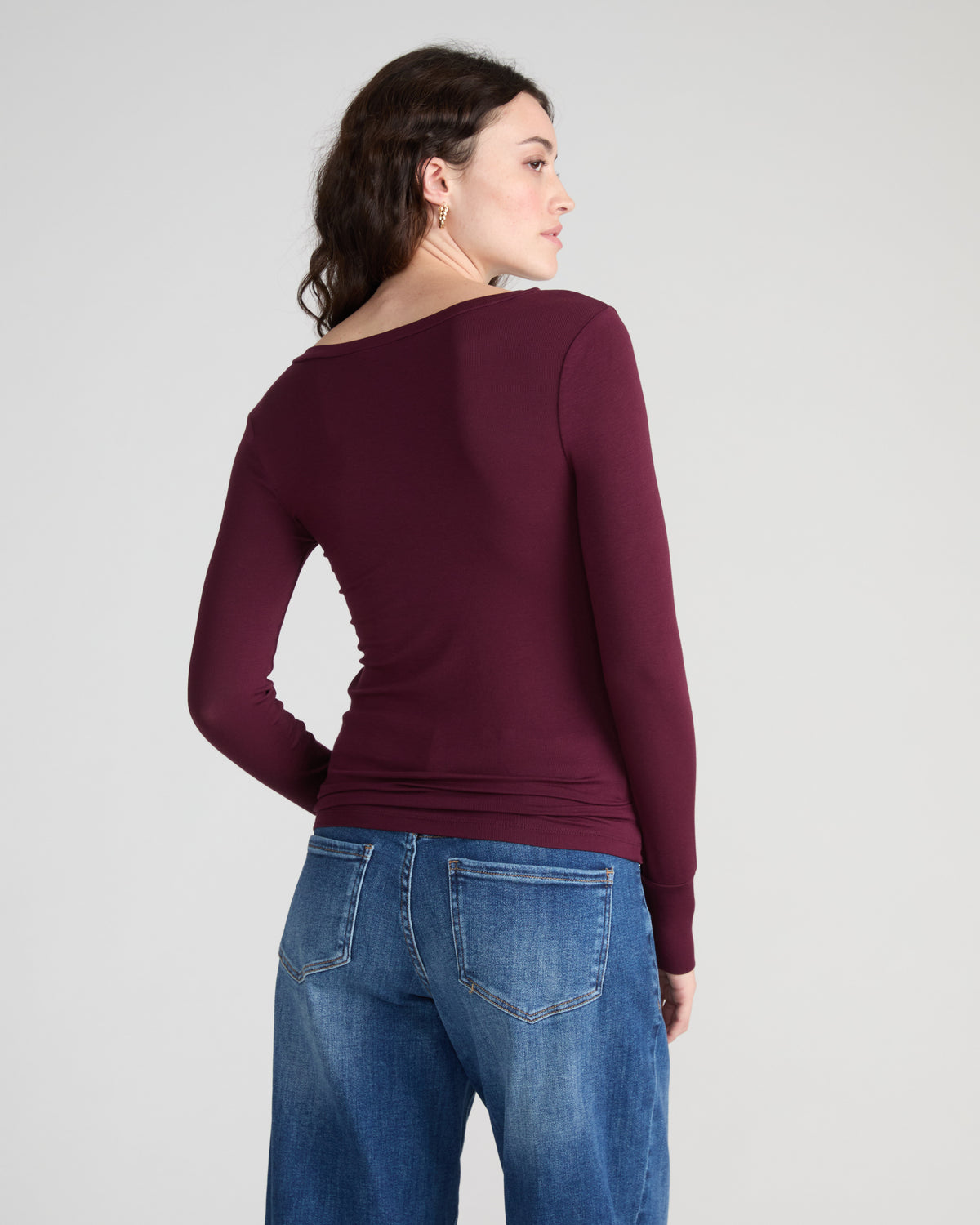 Cloud Rib Long Sleeve V-Neck Tee - Black Cherry