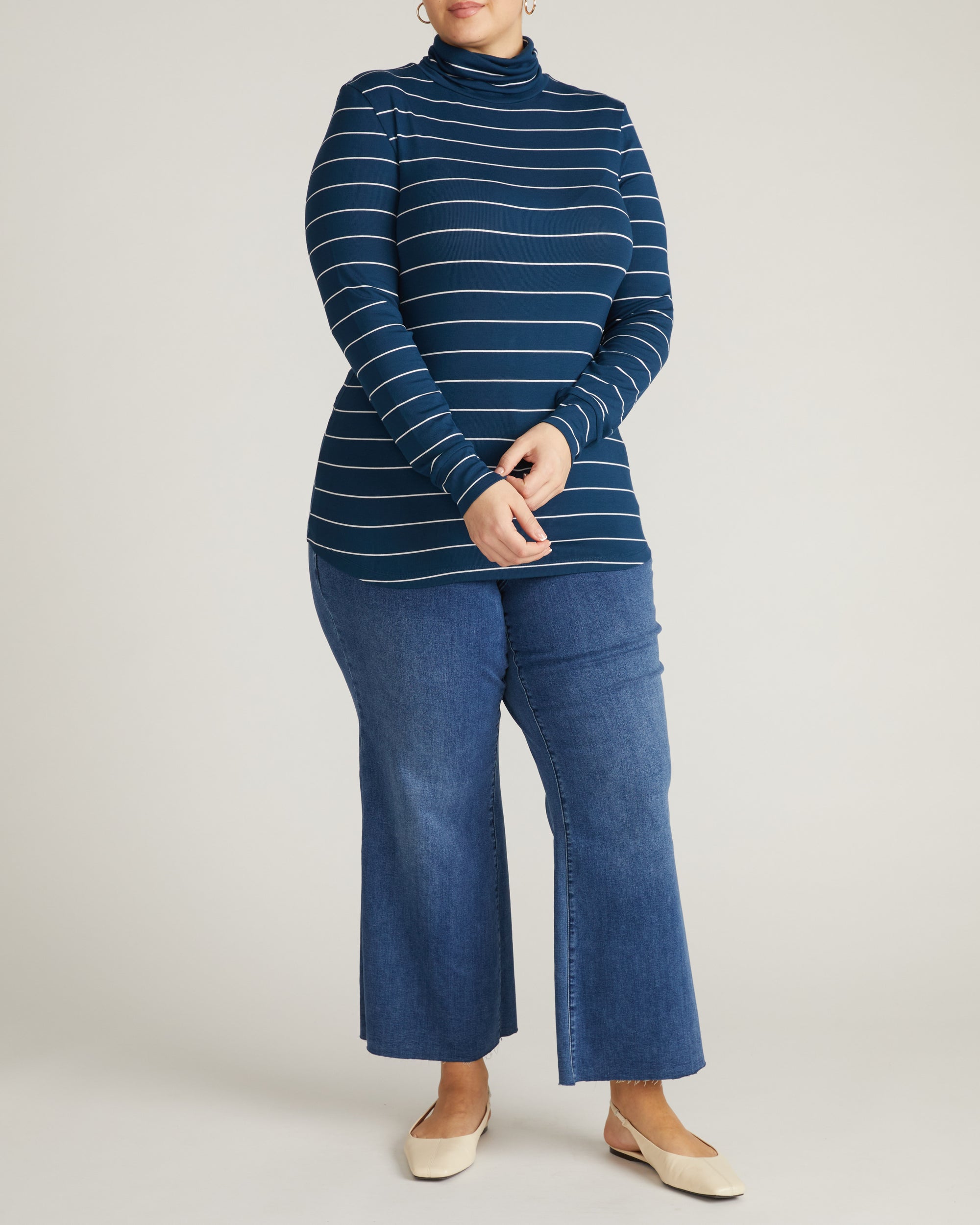 Cloud Rib Turtleneck - Teal/White Microstripe | Plus Size & Straight Size Women's Fashion | Universal Standard