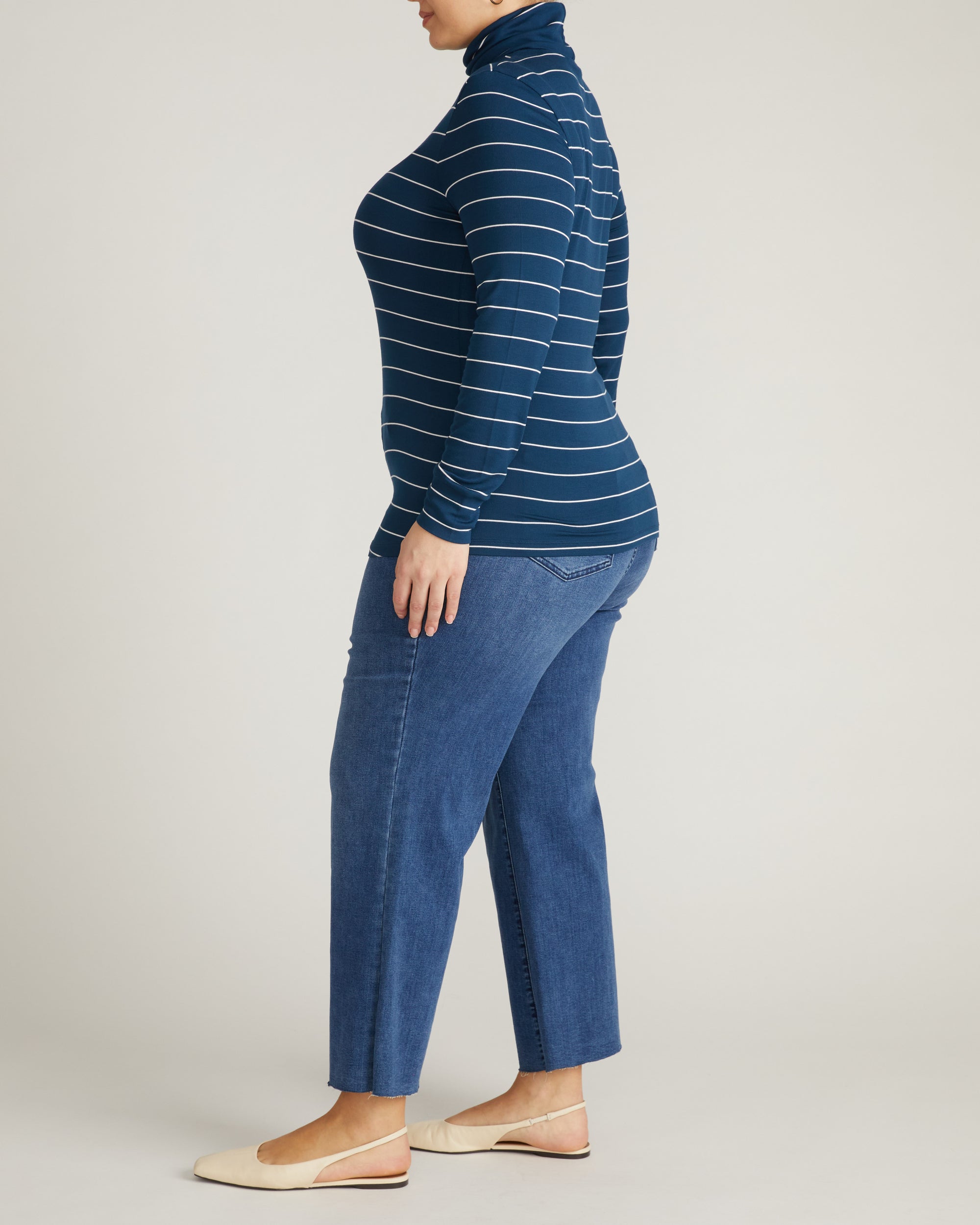 Cloud Rib Turtleneck - Teal/White Microstripe | Plus Size & Straight Size Women's Fashion | Universal Standard