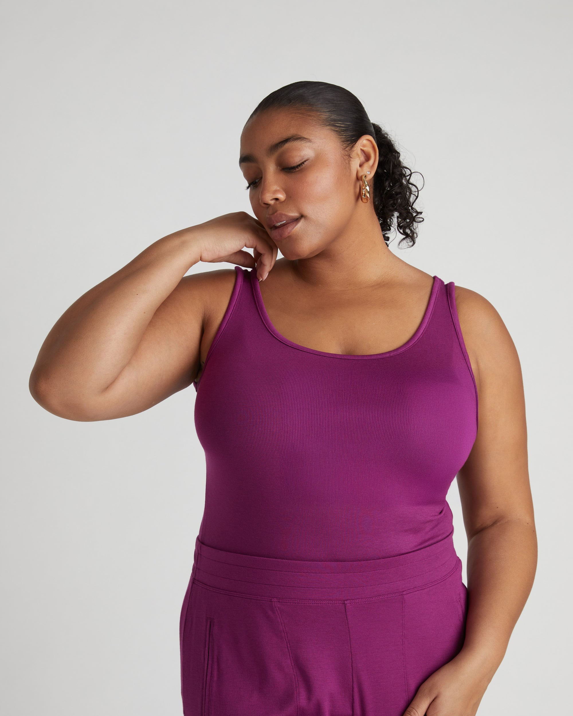 Woman wearing Foundation Tank - Goji Berry from Overstock Sale