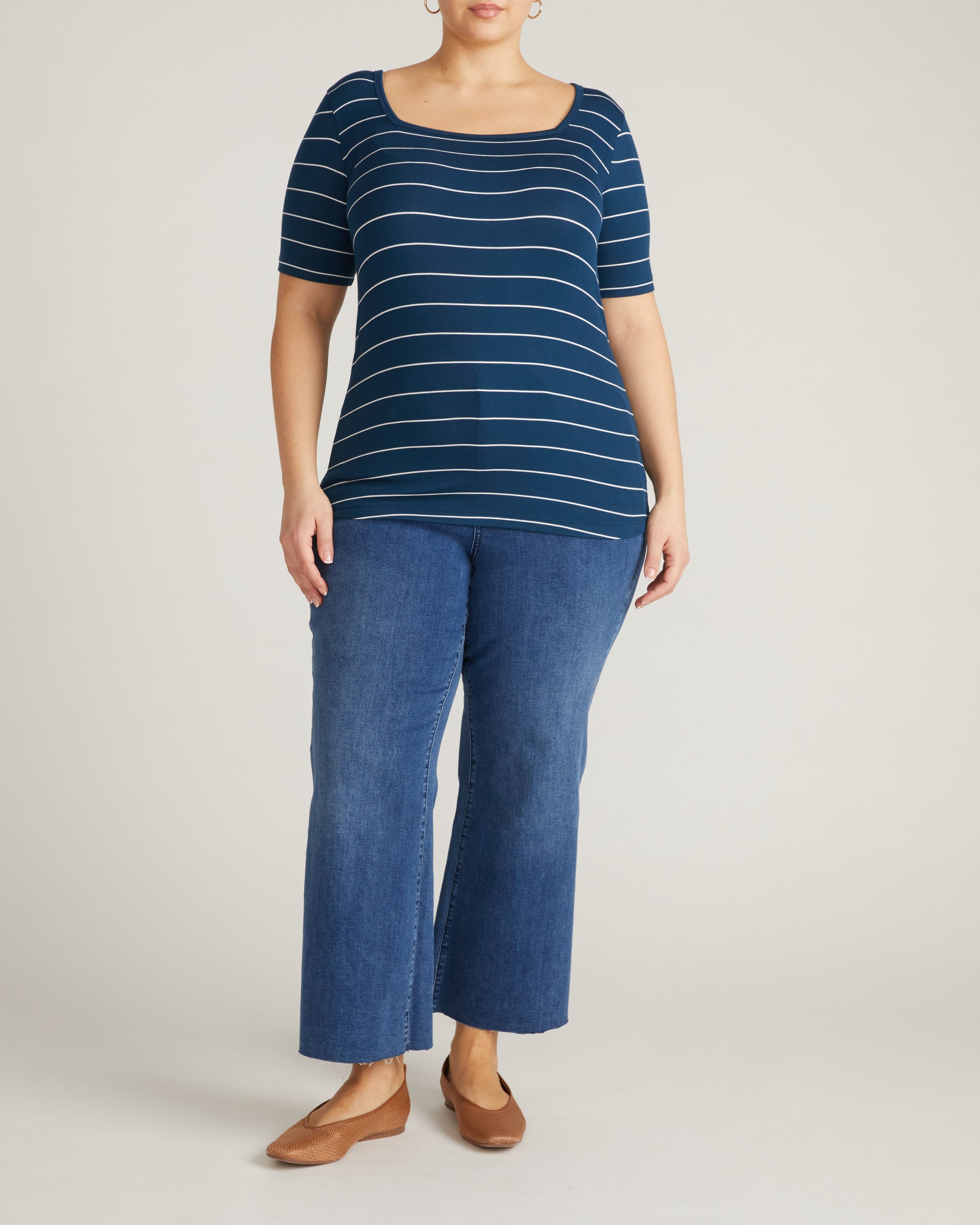 Cloud Rib Short Sleeve Square Neck Tee - Teal/White Microstripe | Plus Size & Straight Size Women's Fashion | Universal Standard