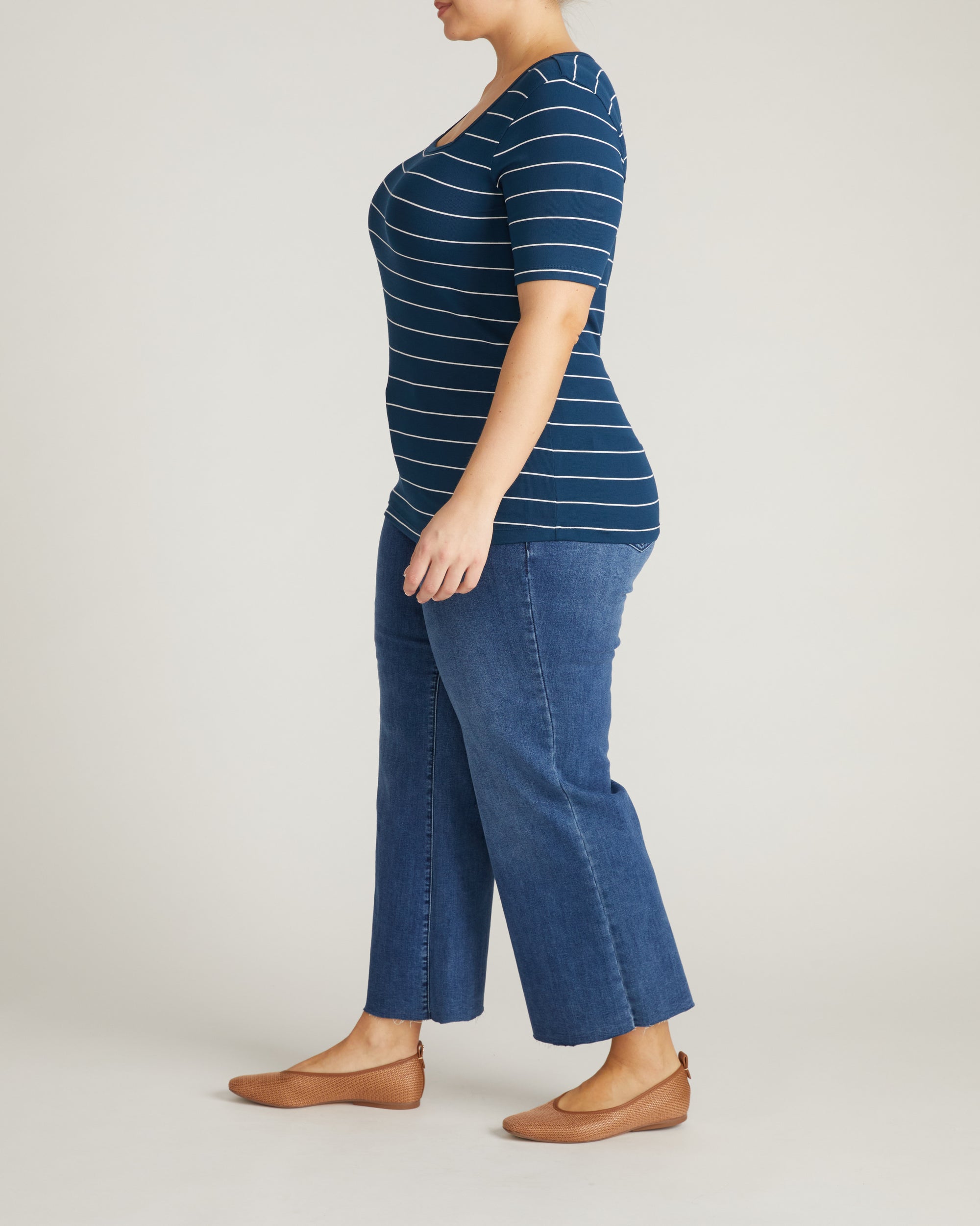 Cloud Rib Short Sleeve Square Neck Tee - Teal/White Microstripe | Plus Size & Straight Size Women's Fashion | Universal Standard