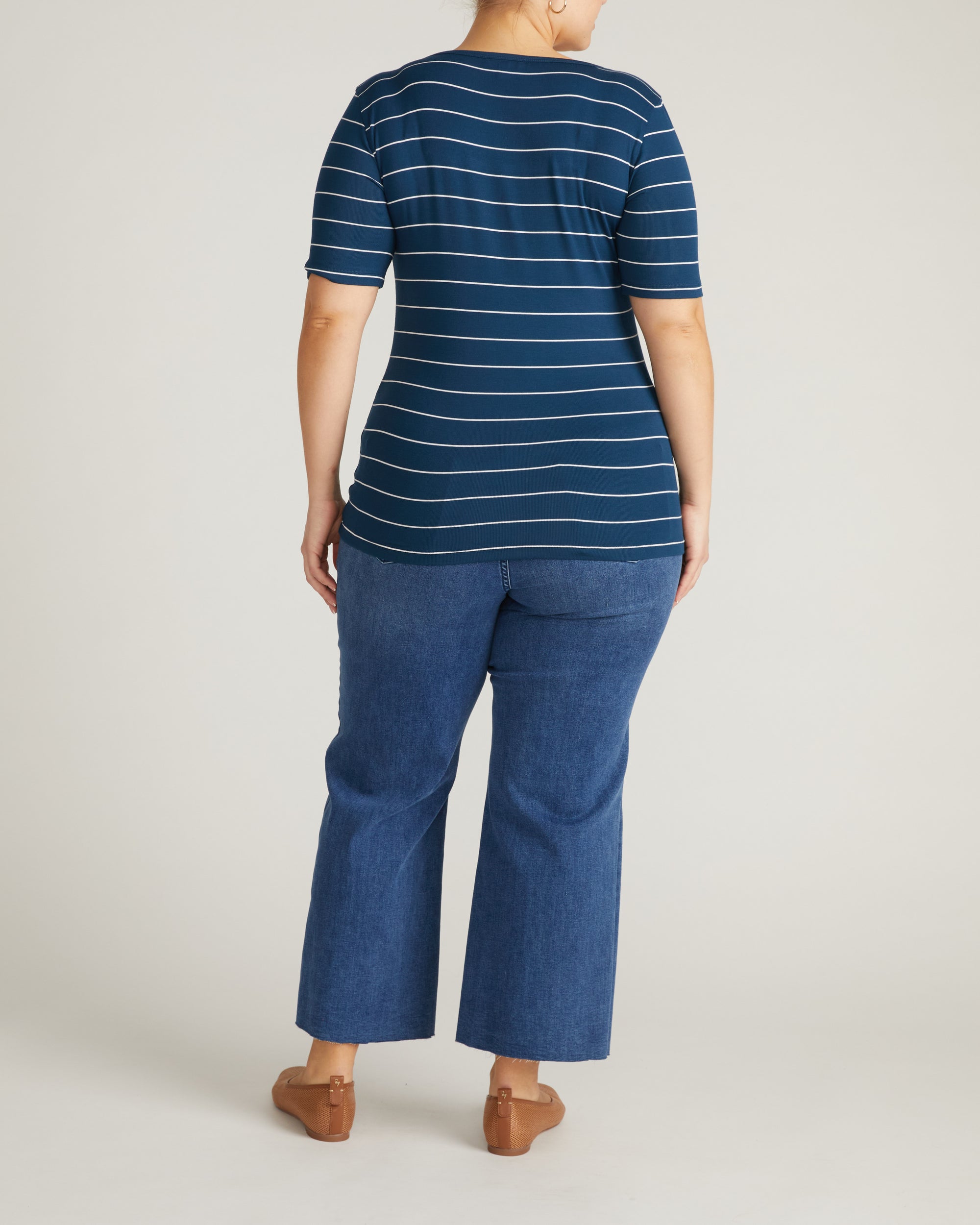 Cloud Rib Short Sleeve Square Neck Tee - Teal/White Microstripe | Plus Size & Straight Size Women's Fashion | Universal Standard