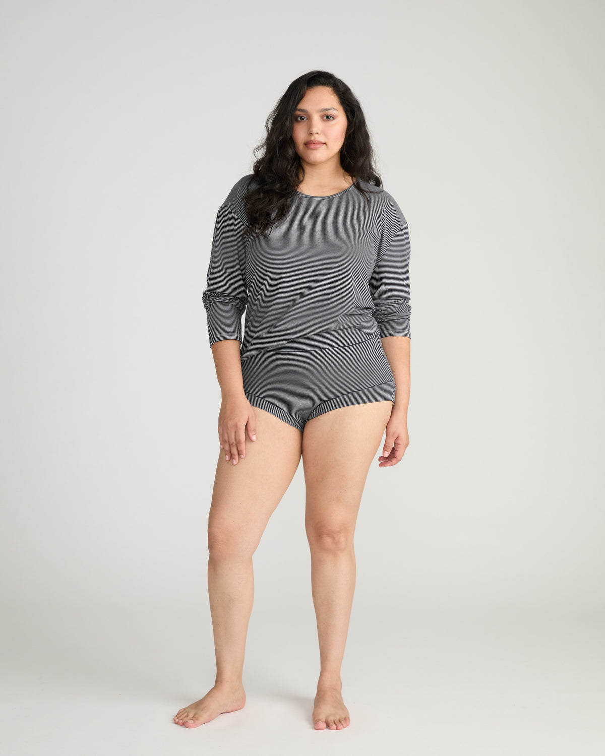 Pina Long Sleeve Lounge Tee - Fine Stripe in Navy/White