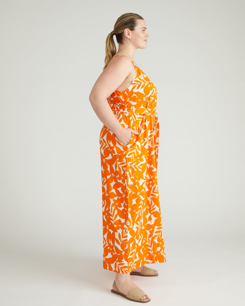 Promenade Linen Jumpsuit - Petal Palette Print in Arancia