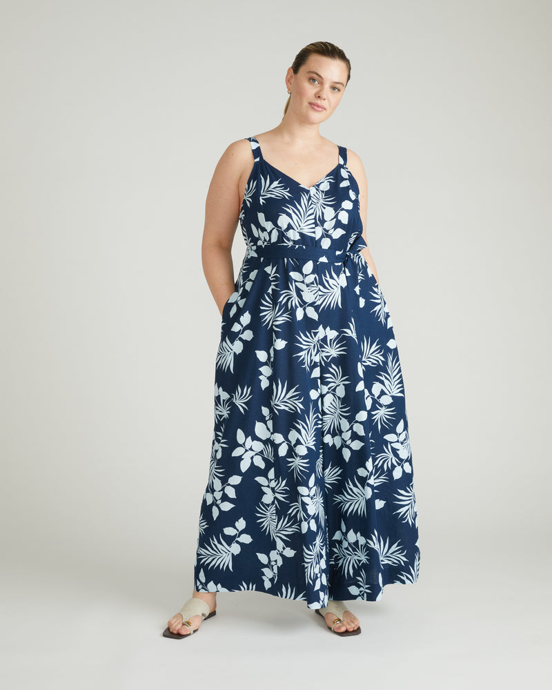 Promenade Linen Jumpsuit - Palm Print in Light Blue