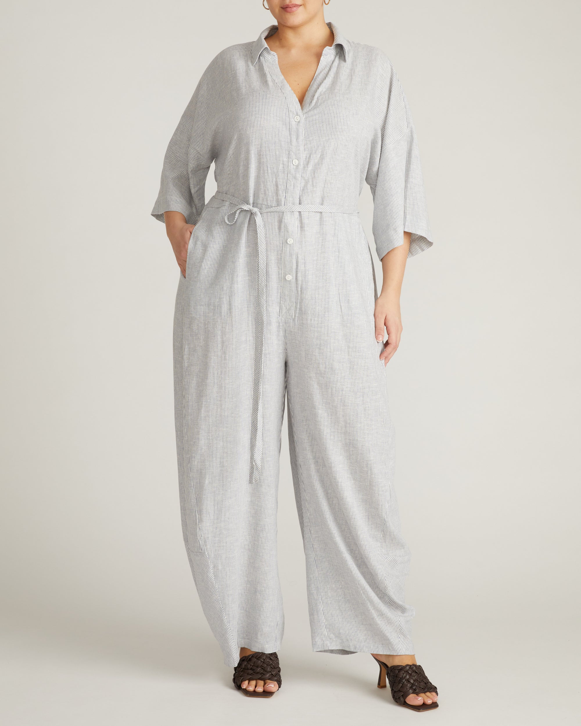 Maggie Barrel Leg Linen Blend Jumpsuit - Beach Stripe | Plus Size & Straight Size Women's Fashion | Universal Standard