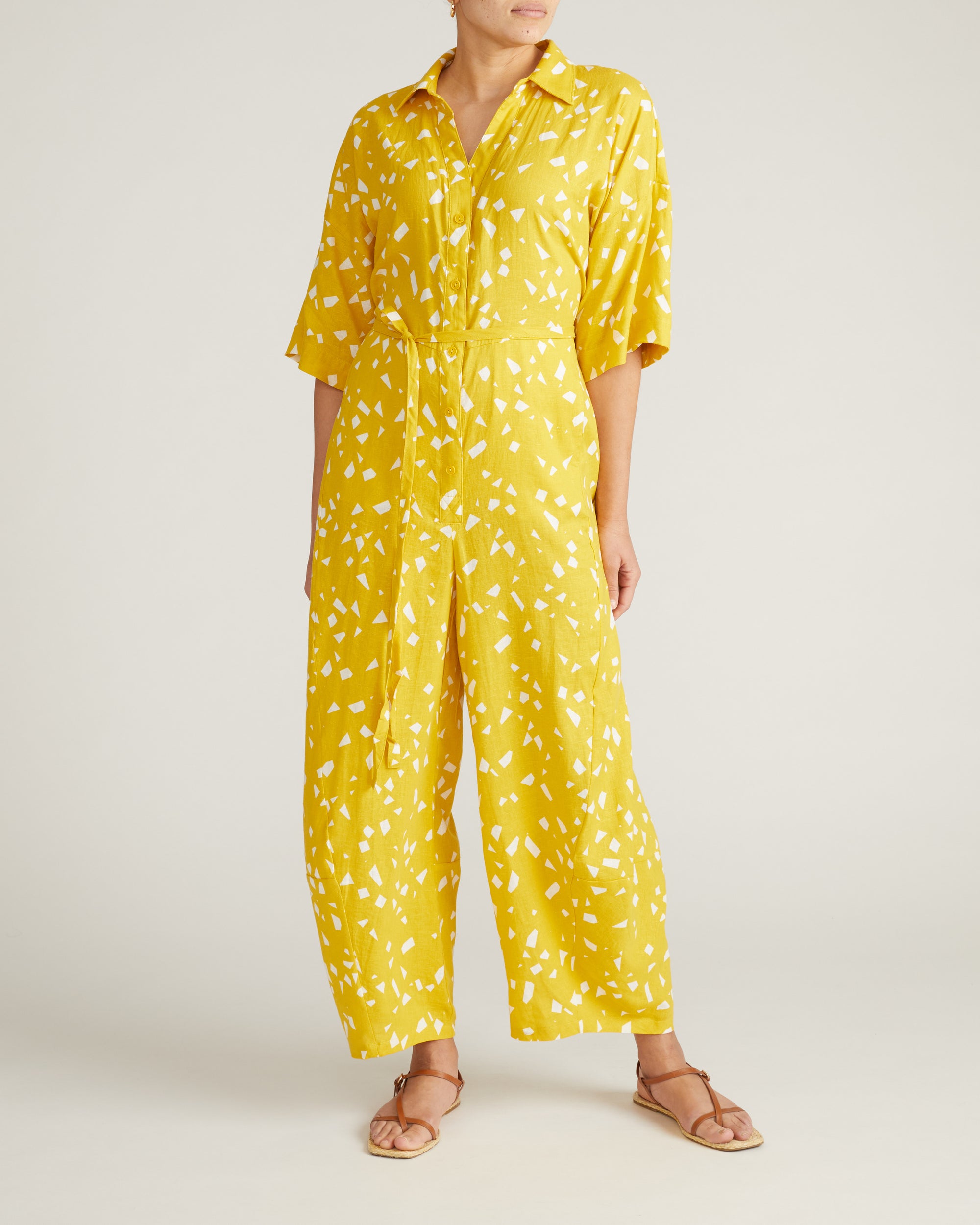 Maggie Barrel Leg Linen Jumpsuit - Yellow Confetti Print | Plus Size & Straight Size Women's Fashion | Universal Standard