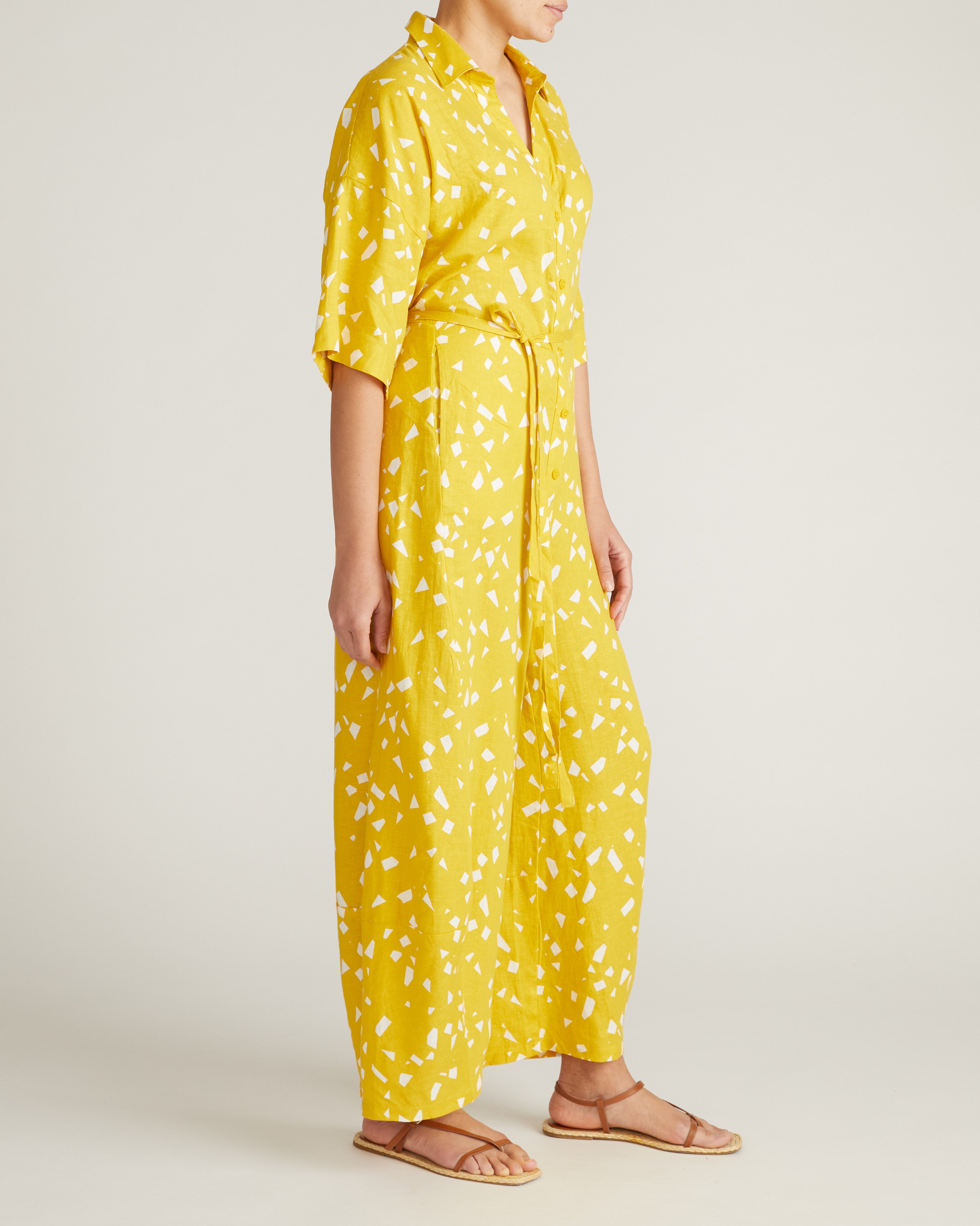 Maggie Barrel Leg Linen Blend Jumpsuit - Yellow Confetti Print