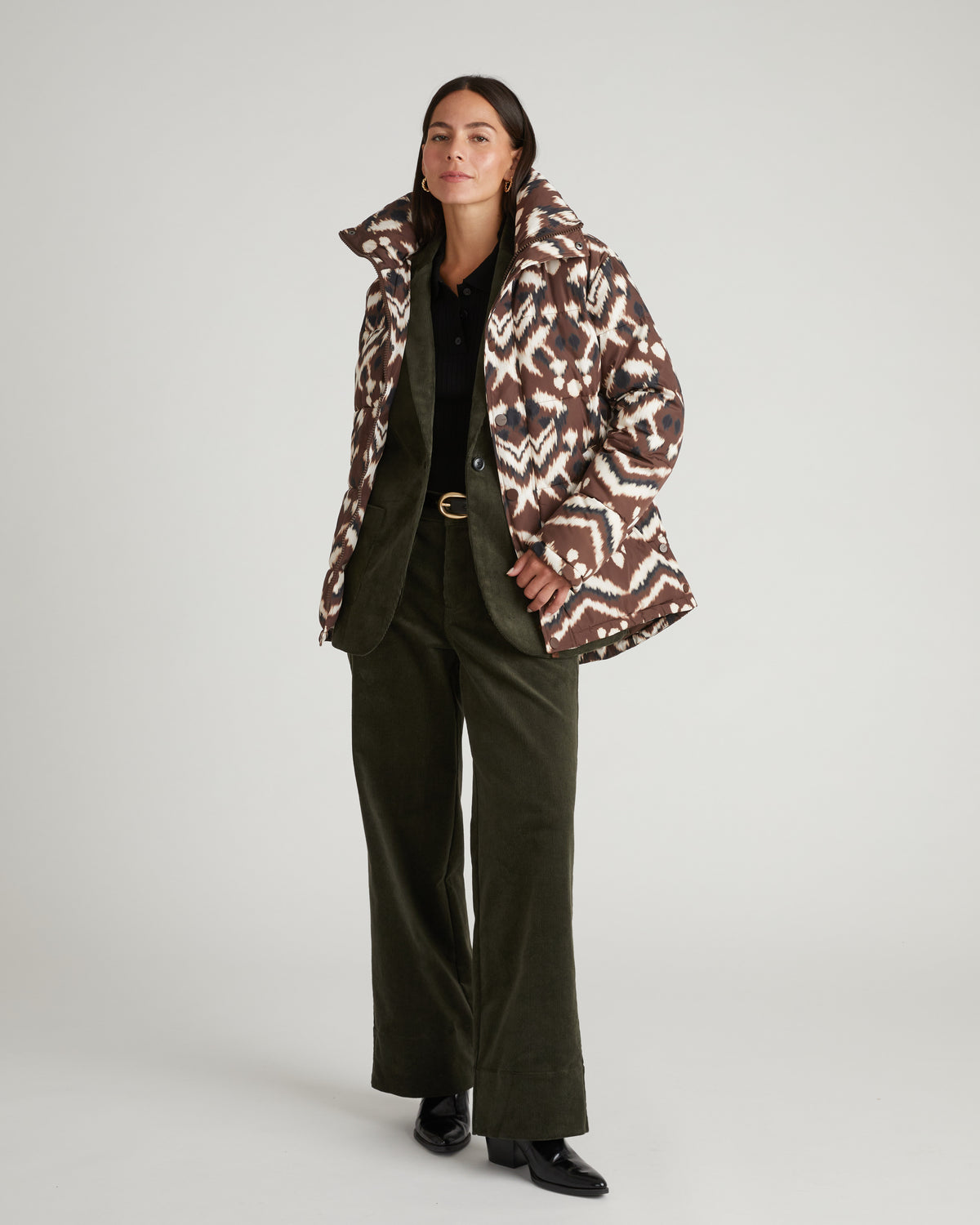 Rainier Short Hooded Puffer - Chocolate Ikat Print | Plus Size & Straight Size Women's Fashion | Universal Standard