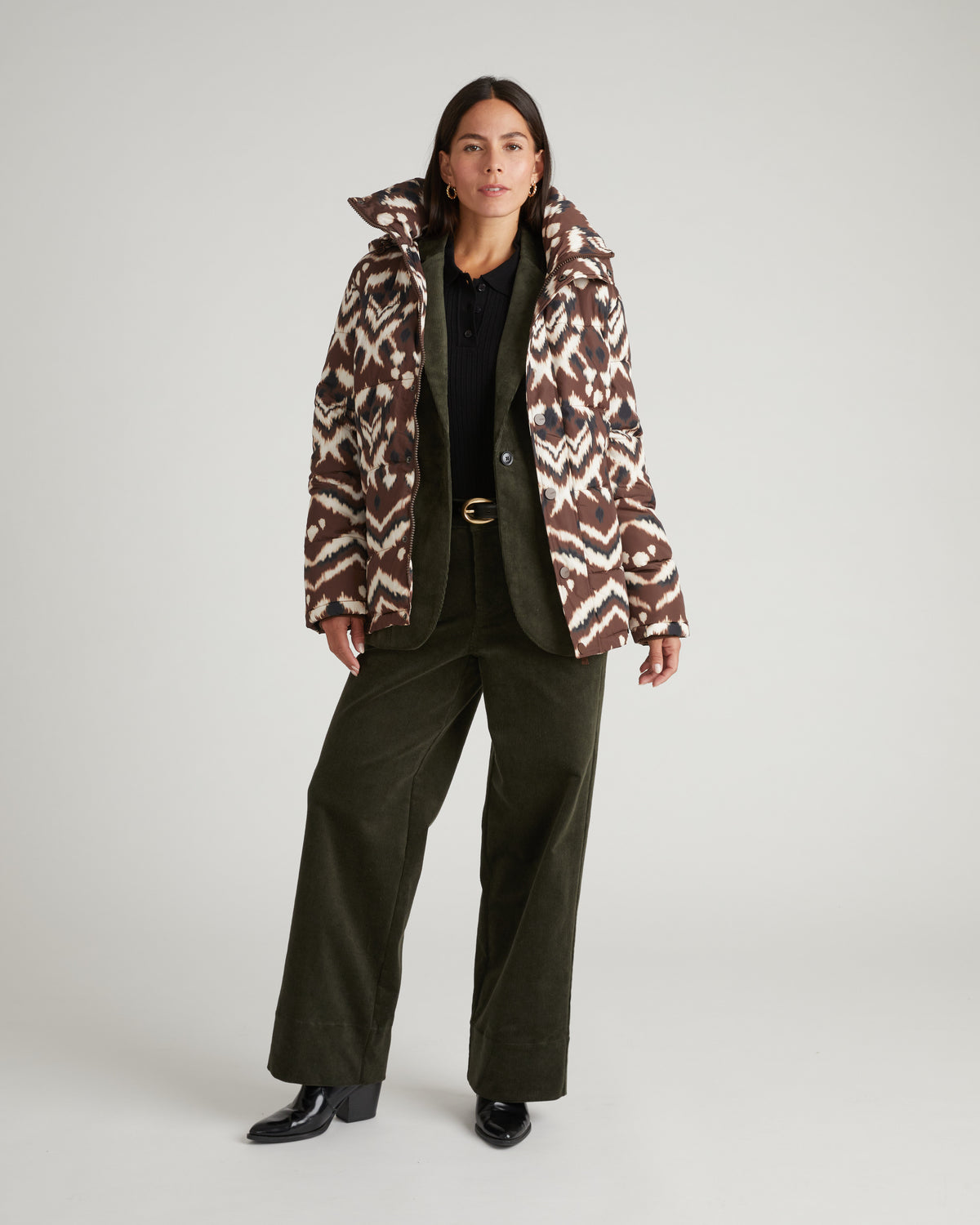 Rainier Short Hooded Puffer - Chocolate Ikat Print | Plus Size & Straight Size Women's Fashion | Universal Standard