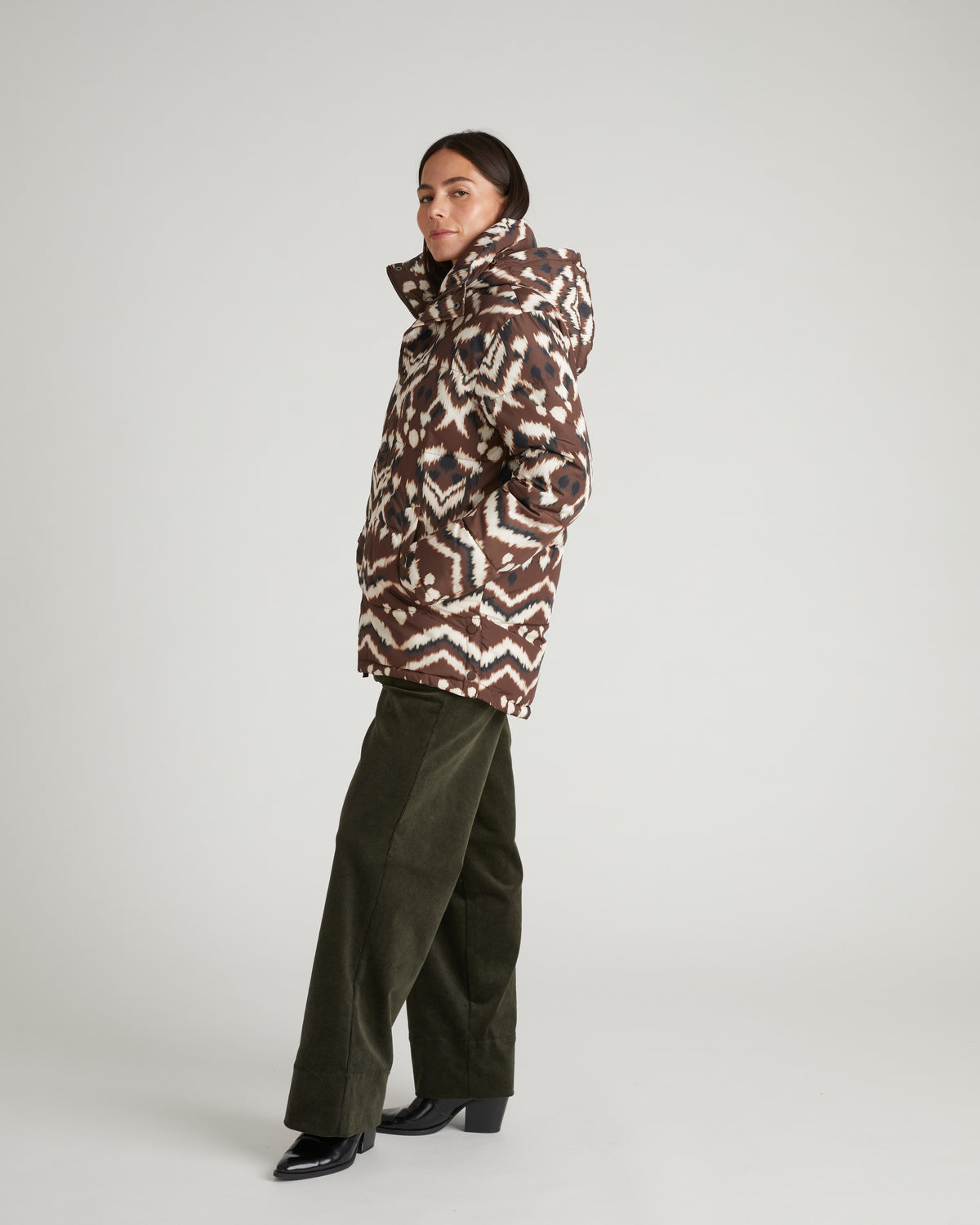 Rainier Short Hooded Puffer - Chocolate Ikat Print | Plus Size & Straight Size Women's Fashion | Universal Standard