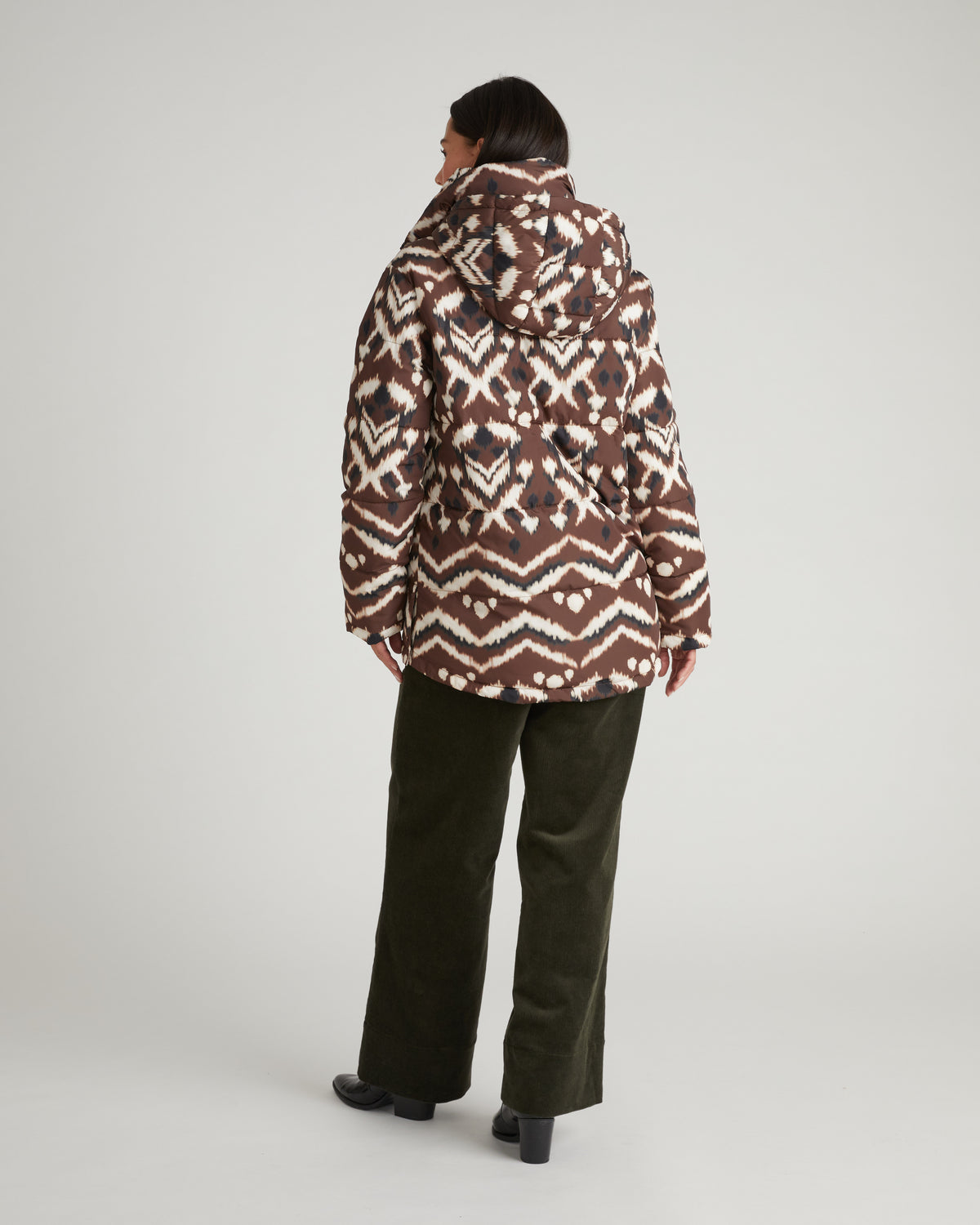 Rainier Short Hooded Puffer - Chocolate Ikat Print | Plus Size & Straight Size Women's Fashion | Universal Standard