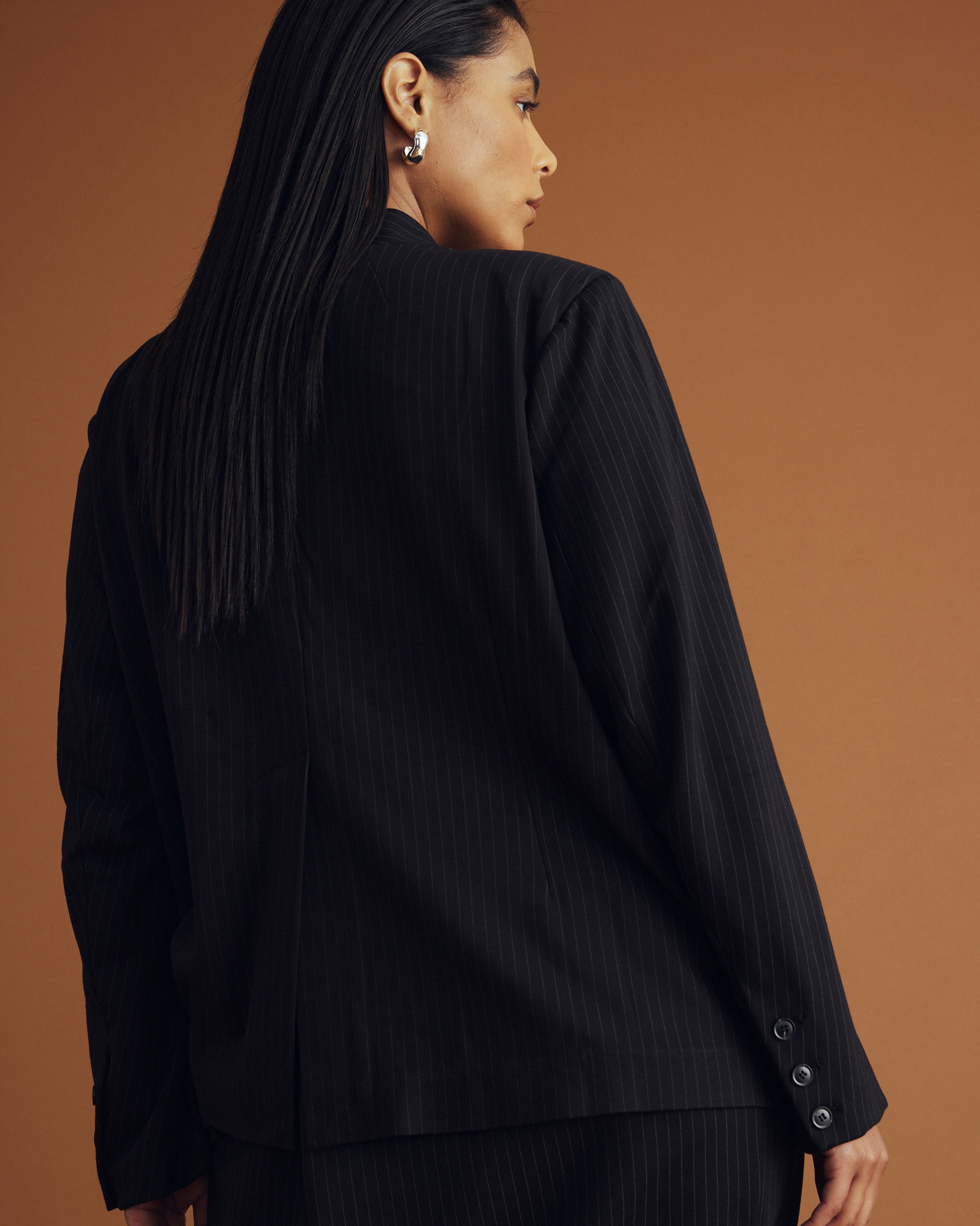 Lennox Collarless Ponte Blazer - Slate Pinstripe – Universal Standard