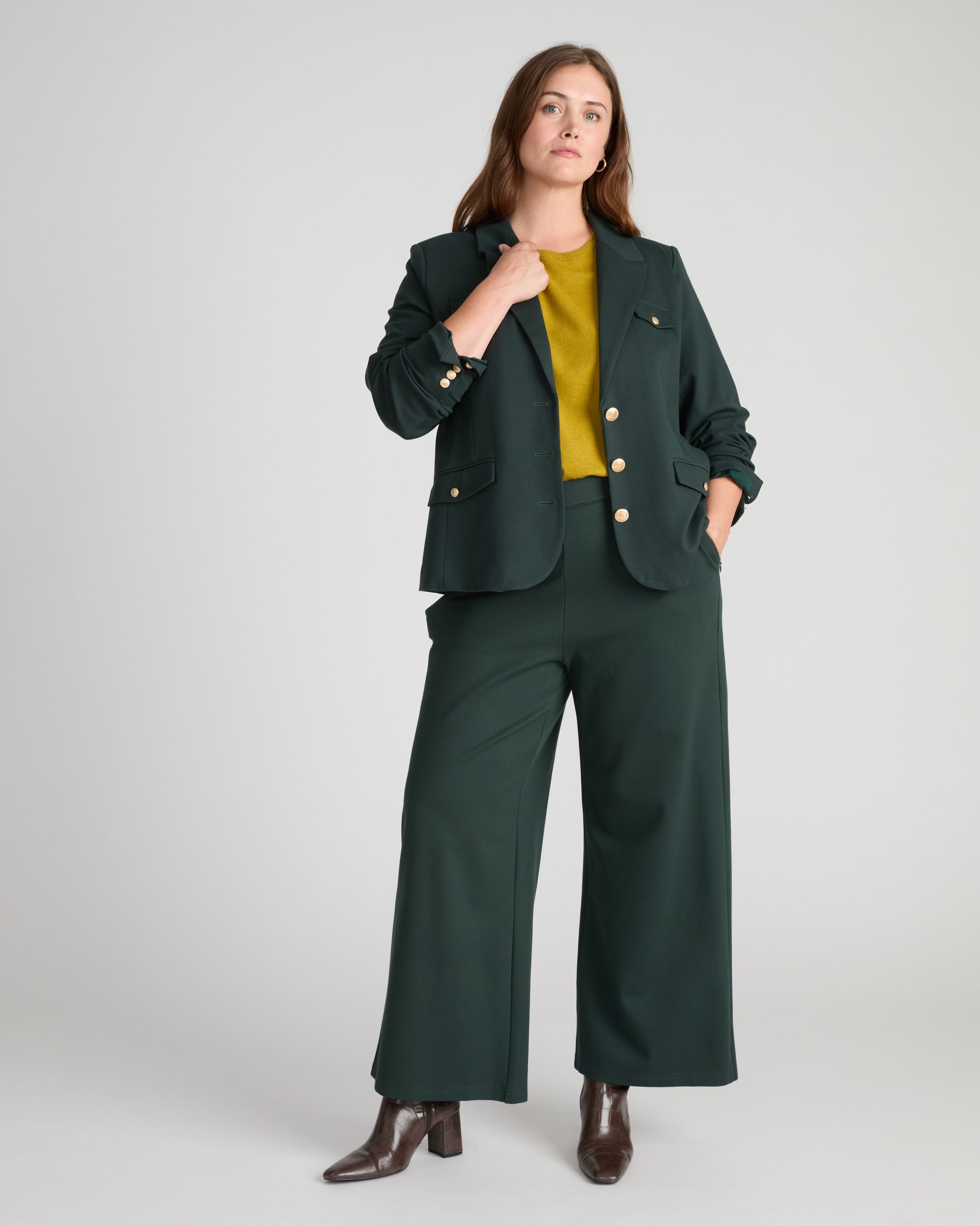 4 Pocket Ponte Blazer - Green Gemstone with Gold Buttons | Plus Size & Straight Size Women's Fashion | Universal Standard