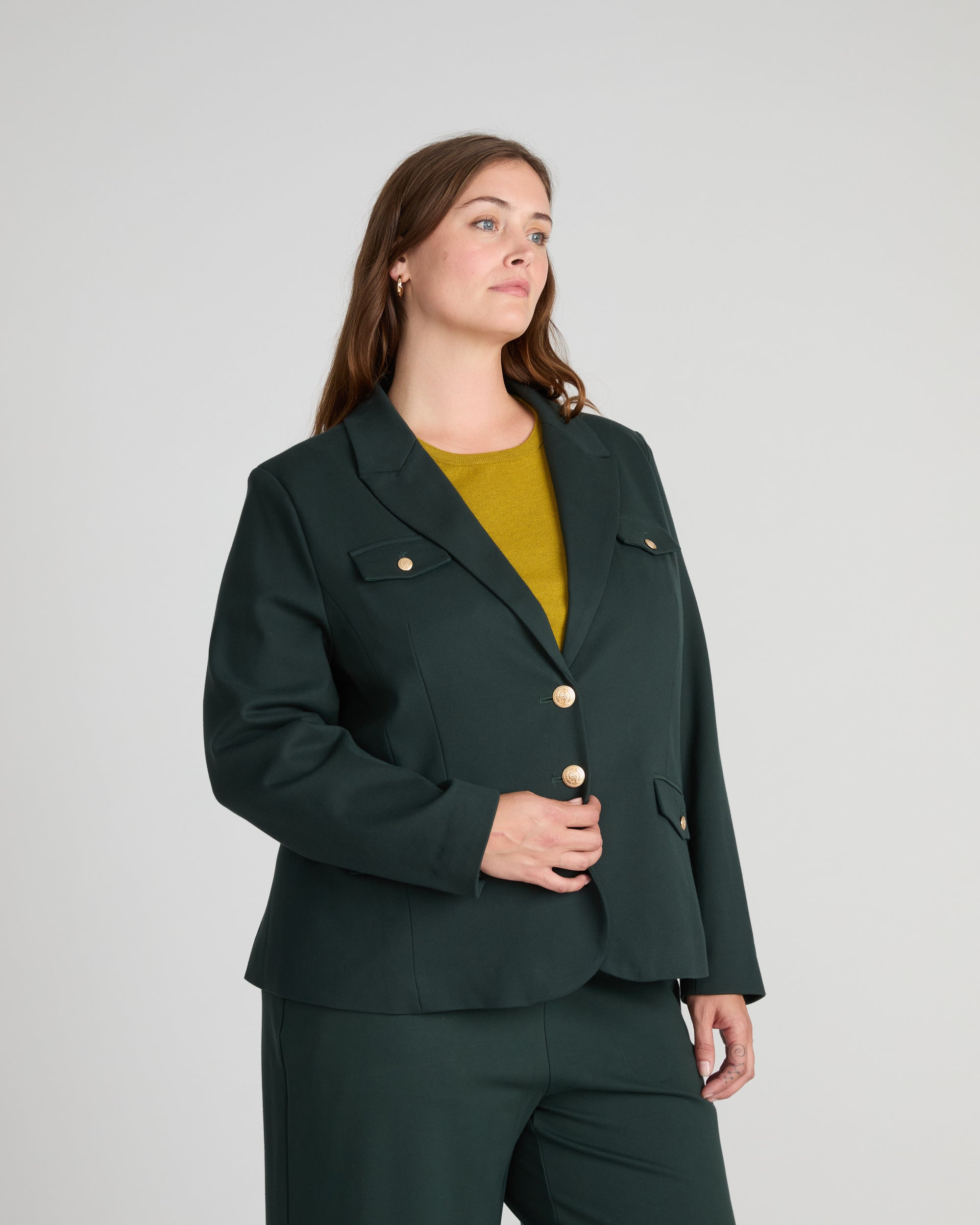 4 Pocket Ponte Blazer - Green Gemstone with Gold Buttons | Plus Size & Straight Size Women's Fashion | Universal Standard