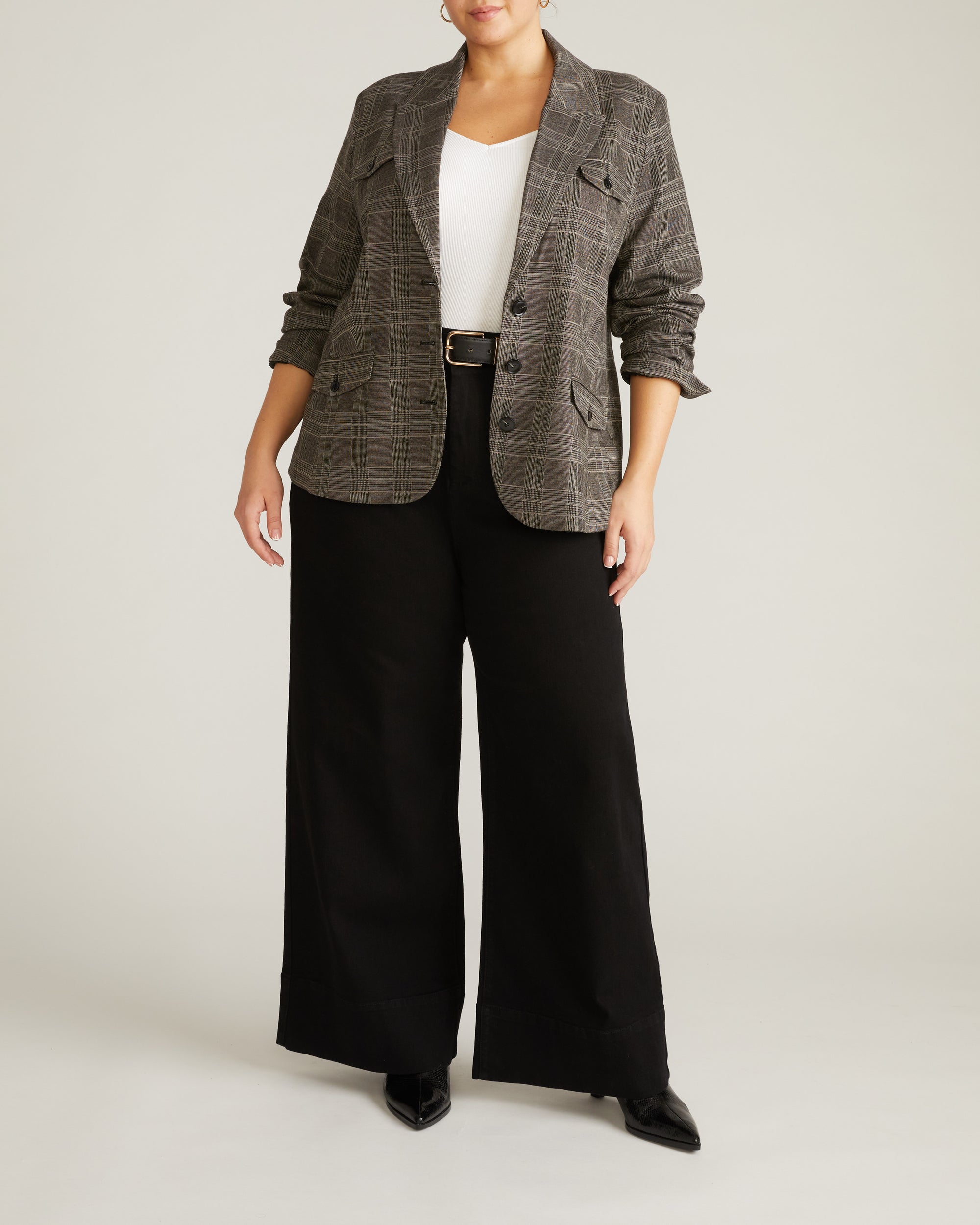 Woman wearing 4 Pocket Ponte Blazer - British Plaid from Universal Standard