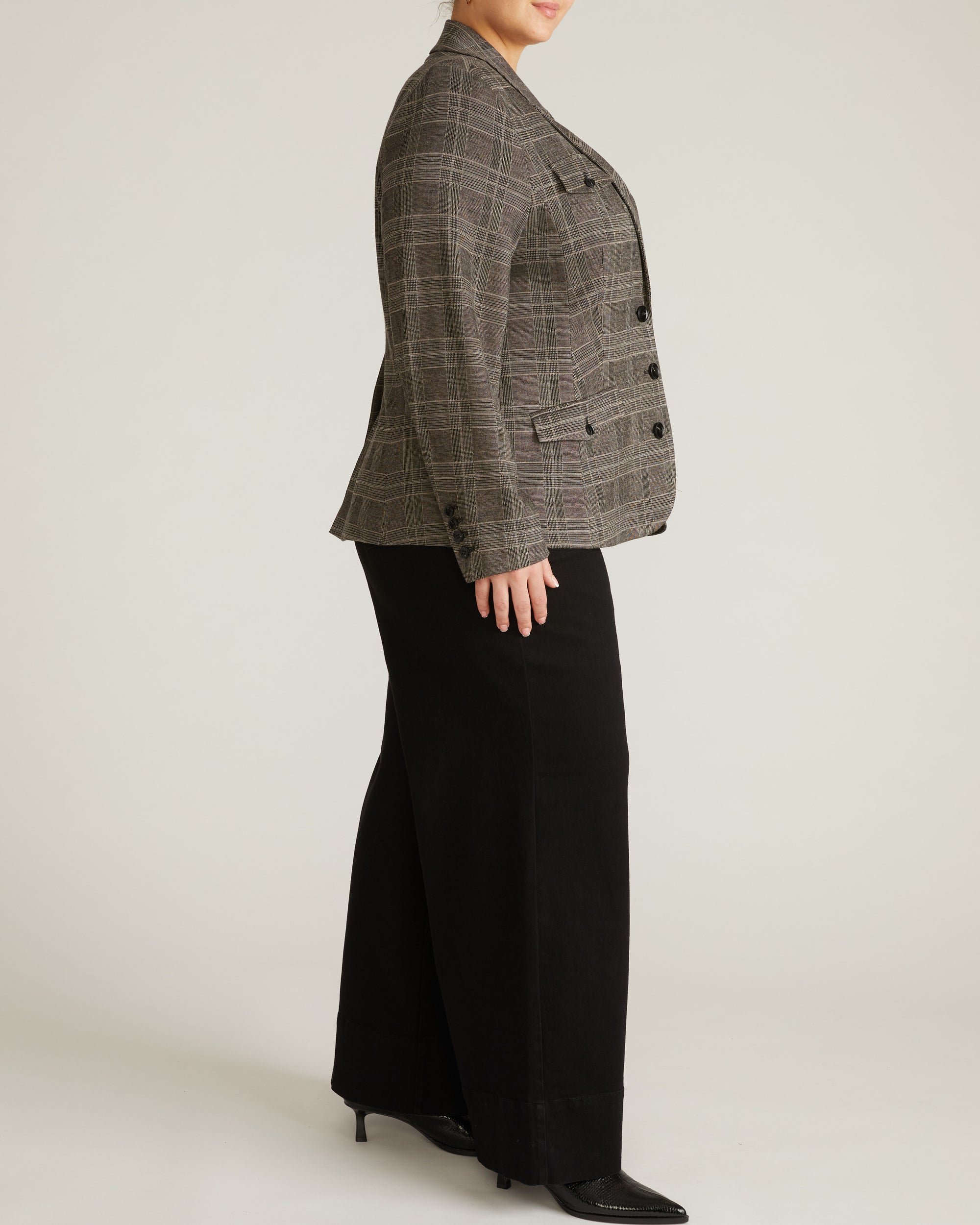 Woman wearing 4 Pocket Ponte Blazer - British Plaid from Universal Standard