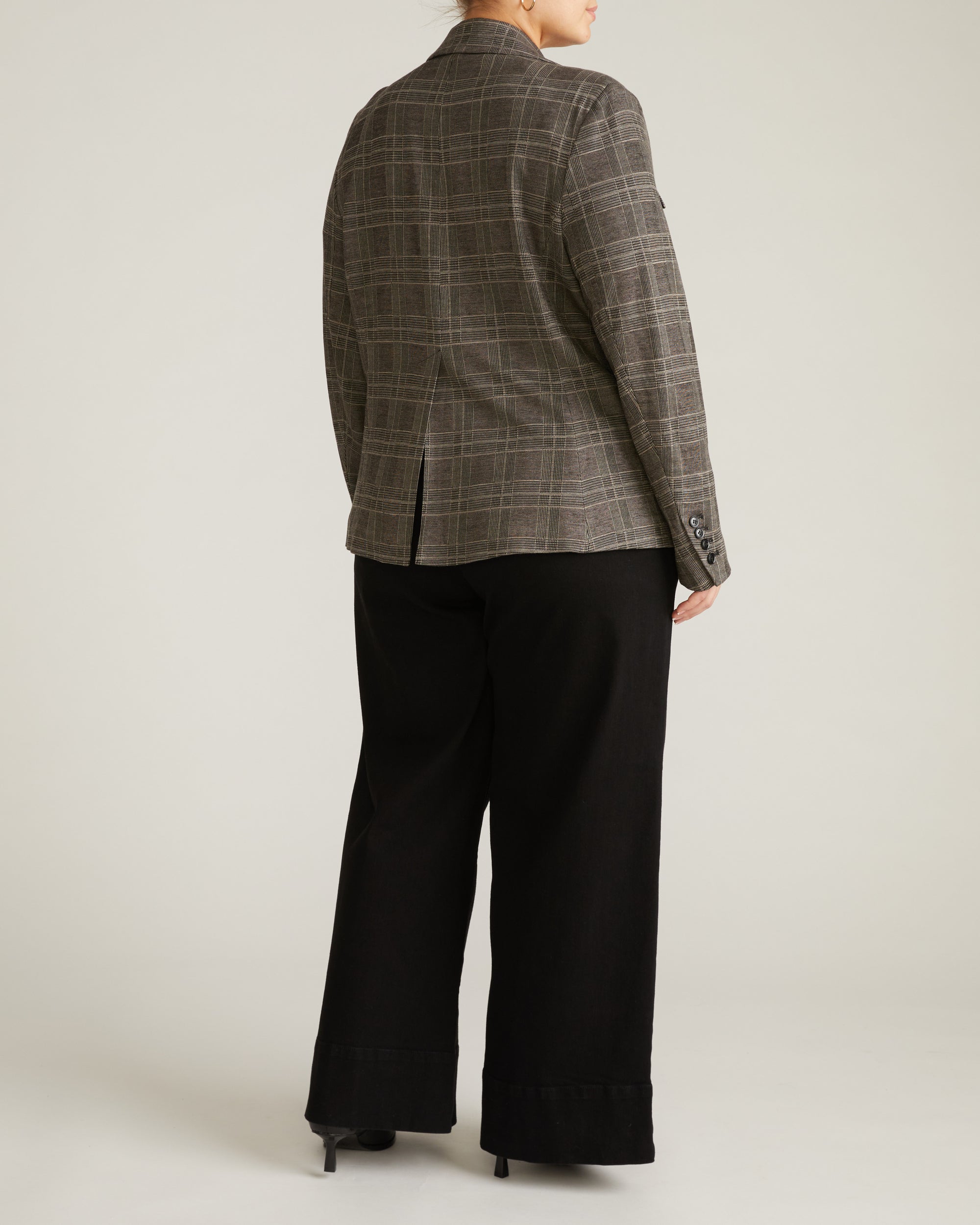 Woman wearing 4 Pocket Ponte Blazer - British Plaid from Universal Standard