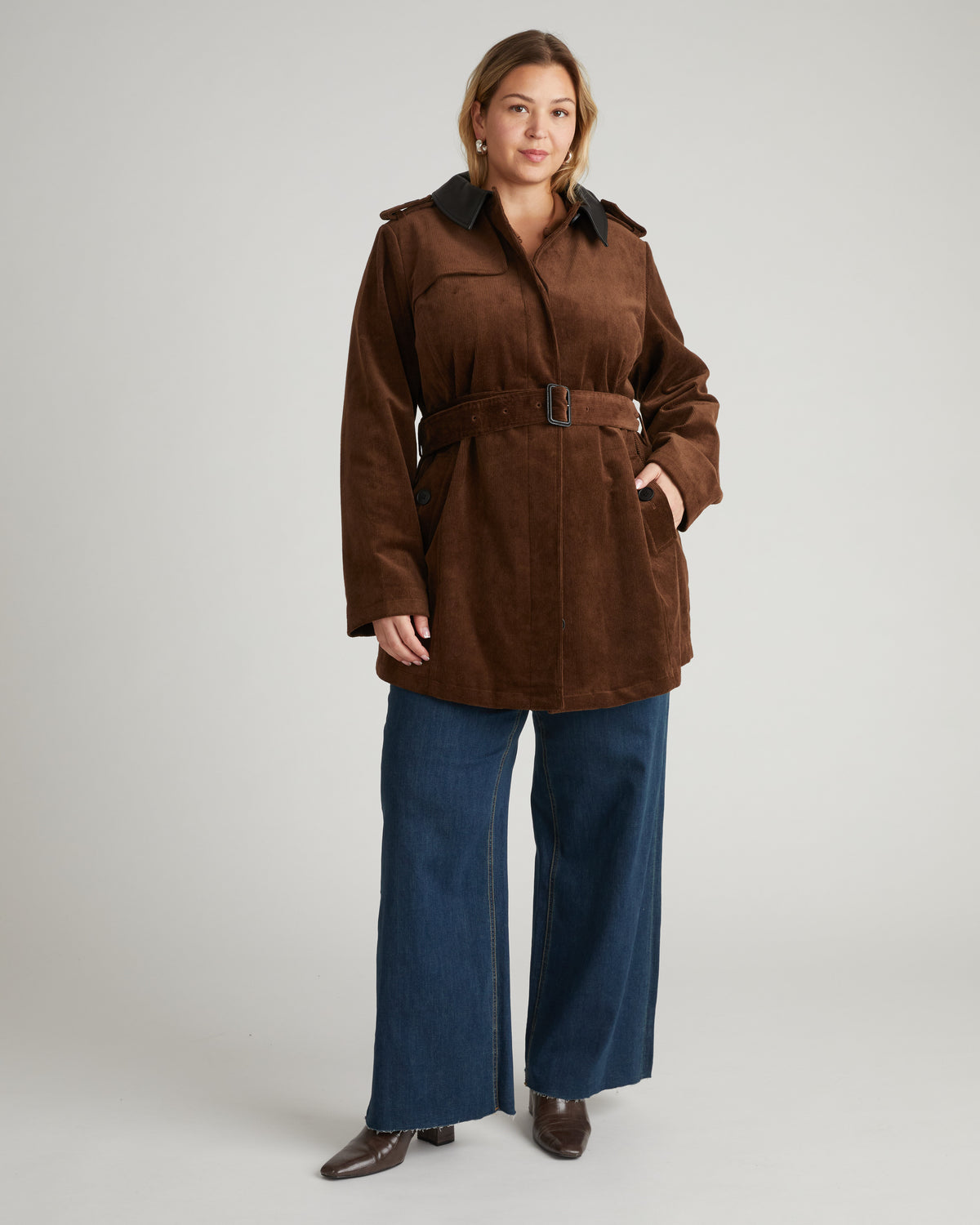 Cortland Stretch Corduroy Trench Coat - Coffee | Plus Size & Straight Size Women's Fashion | Universal Standard
