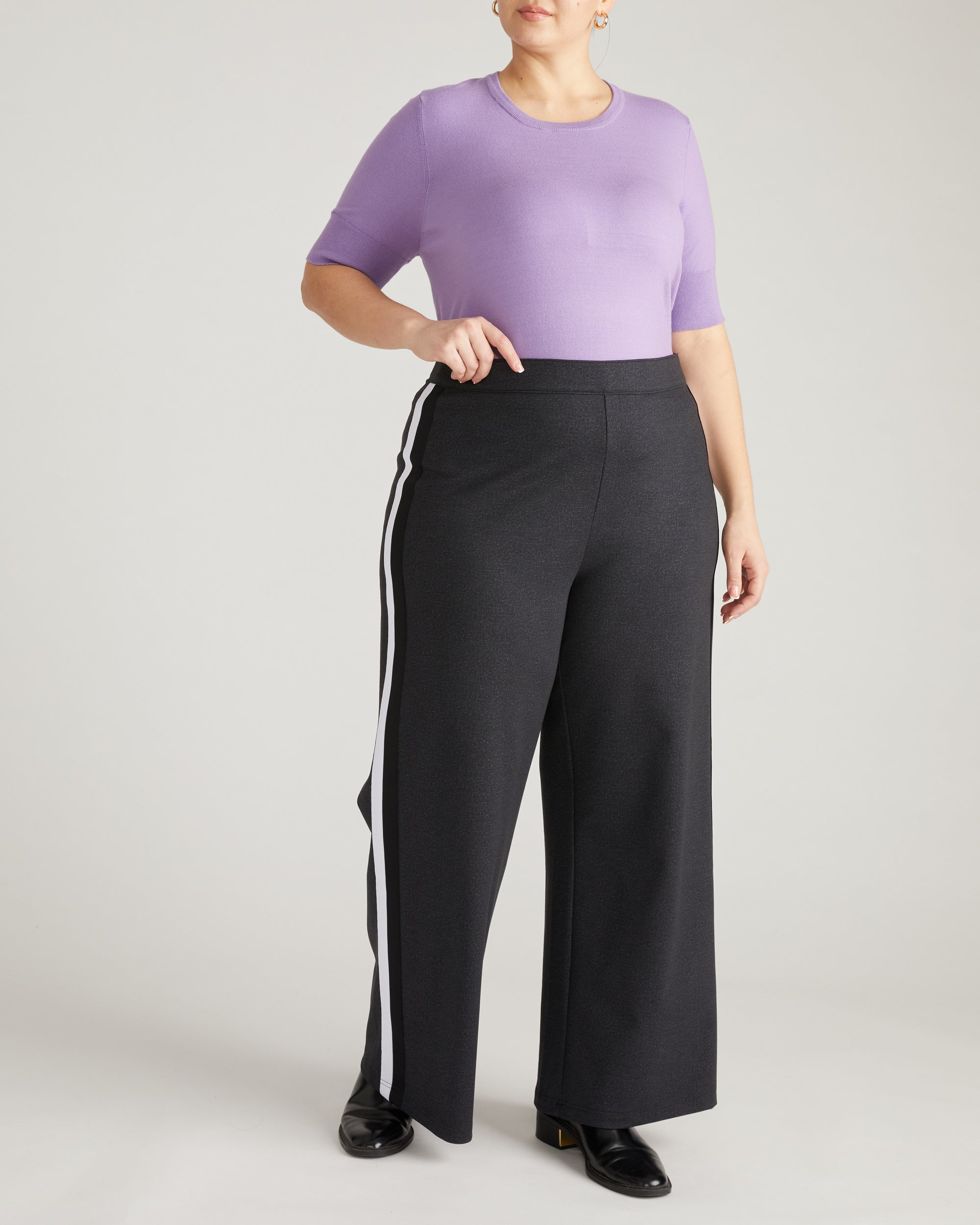 Stephanie Wide Leg Denim Look Stripe Ponte Pants 30 Inch - Charcoal Denim with Black/White Stripe