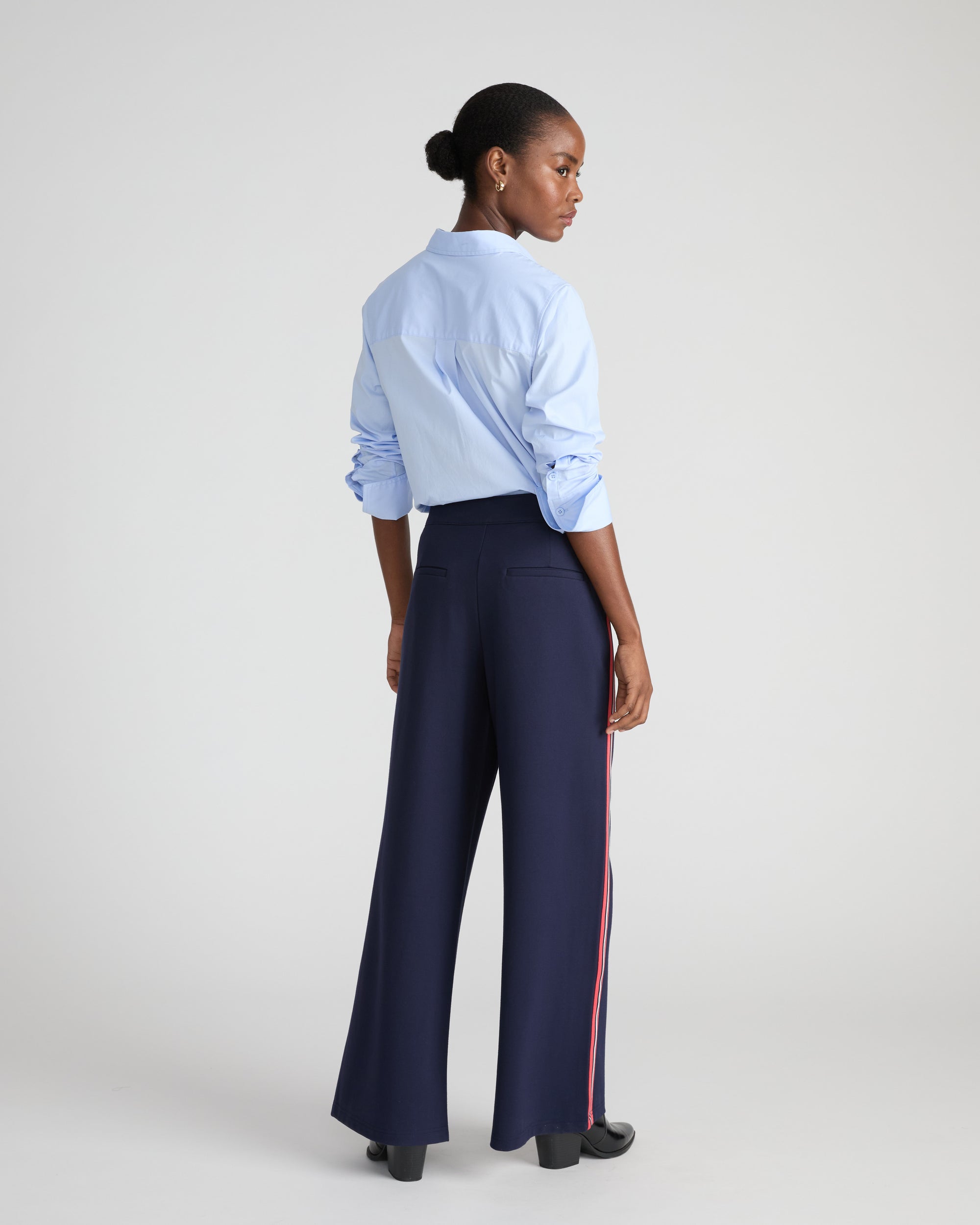 Stephanie Wide Leg Stripe Ponte Pants 30 Inch - Navy with Retro Red Stripe | Plus Size & Straight Size Women's Fashion | Universal Standard