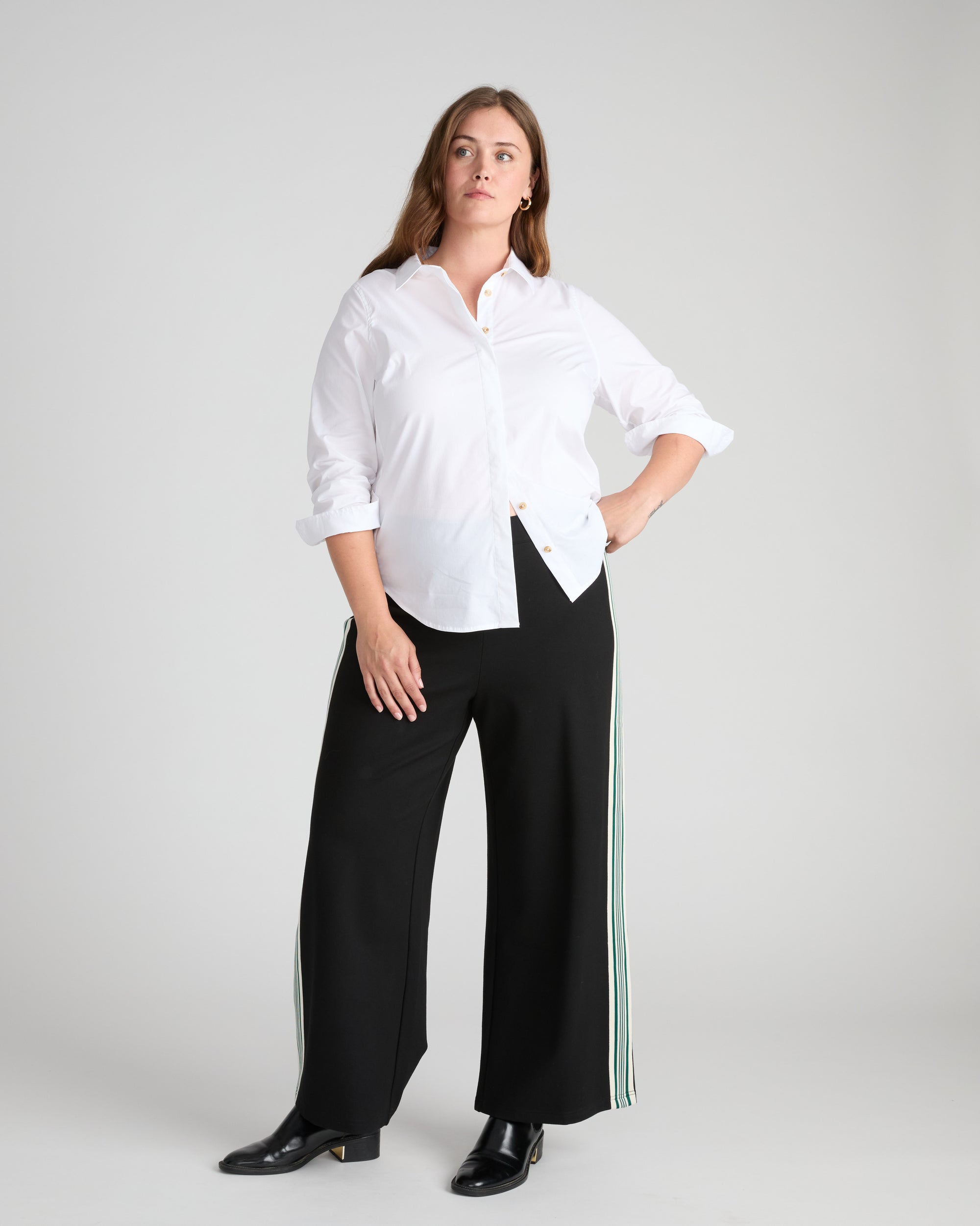 Stephanie Wide Leg Stripe Ponte Pants 30 Inch - Black with Retro Green Stripe | Plus Size & Straight Size Women's Fashion | Universal Standard