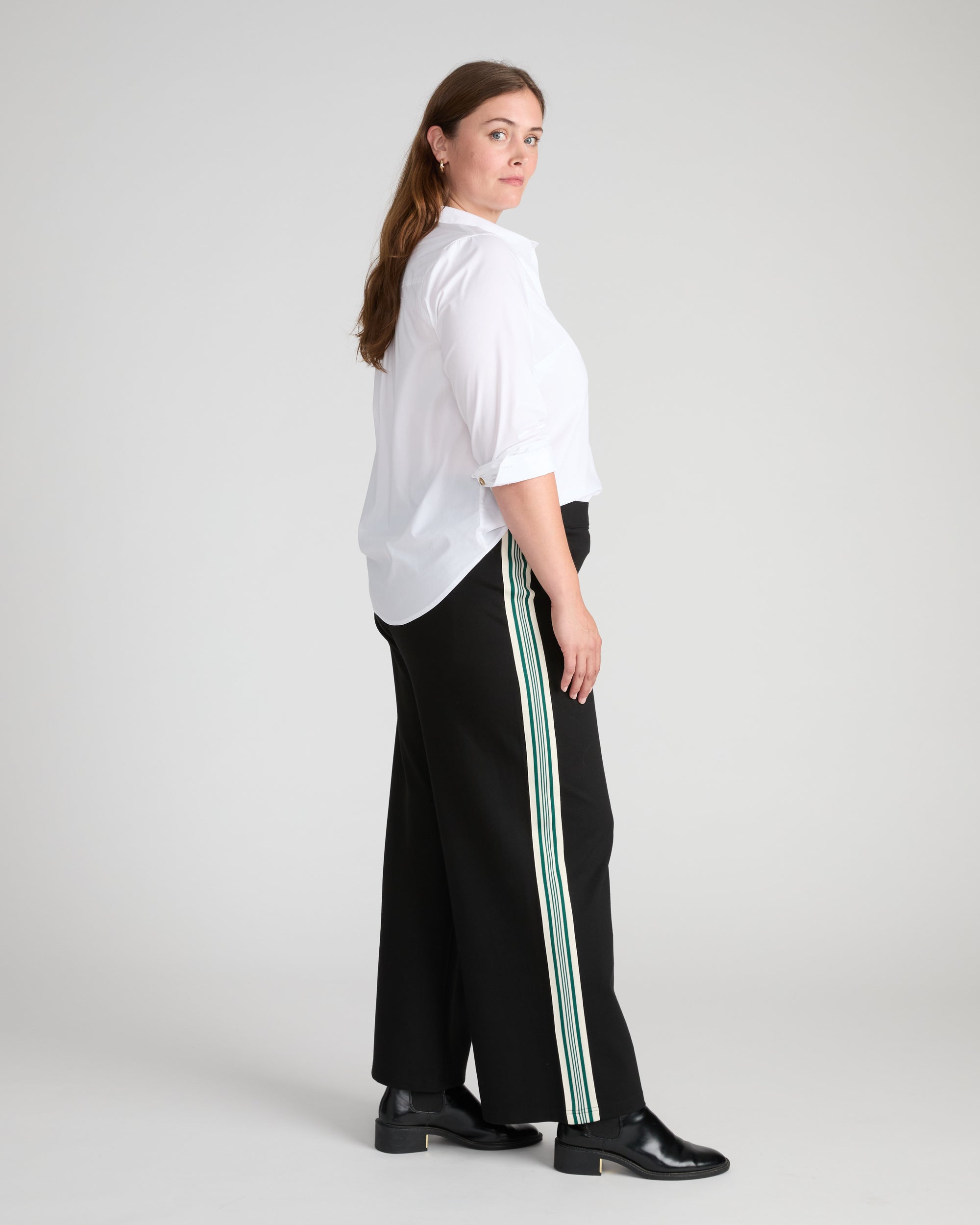 Stephanie Wide Leg Stripe Ponte Pants 30 Inch - Black with Retro Green Stripe | Plus Size & Straight Size Women's Fashion | Universal Standard