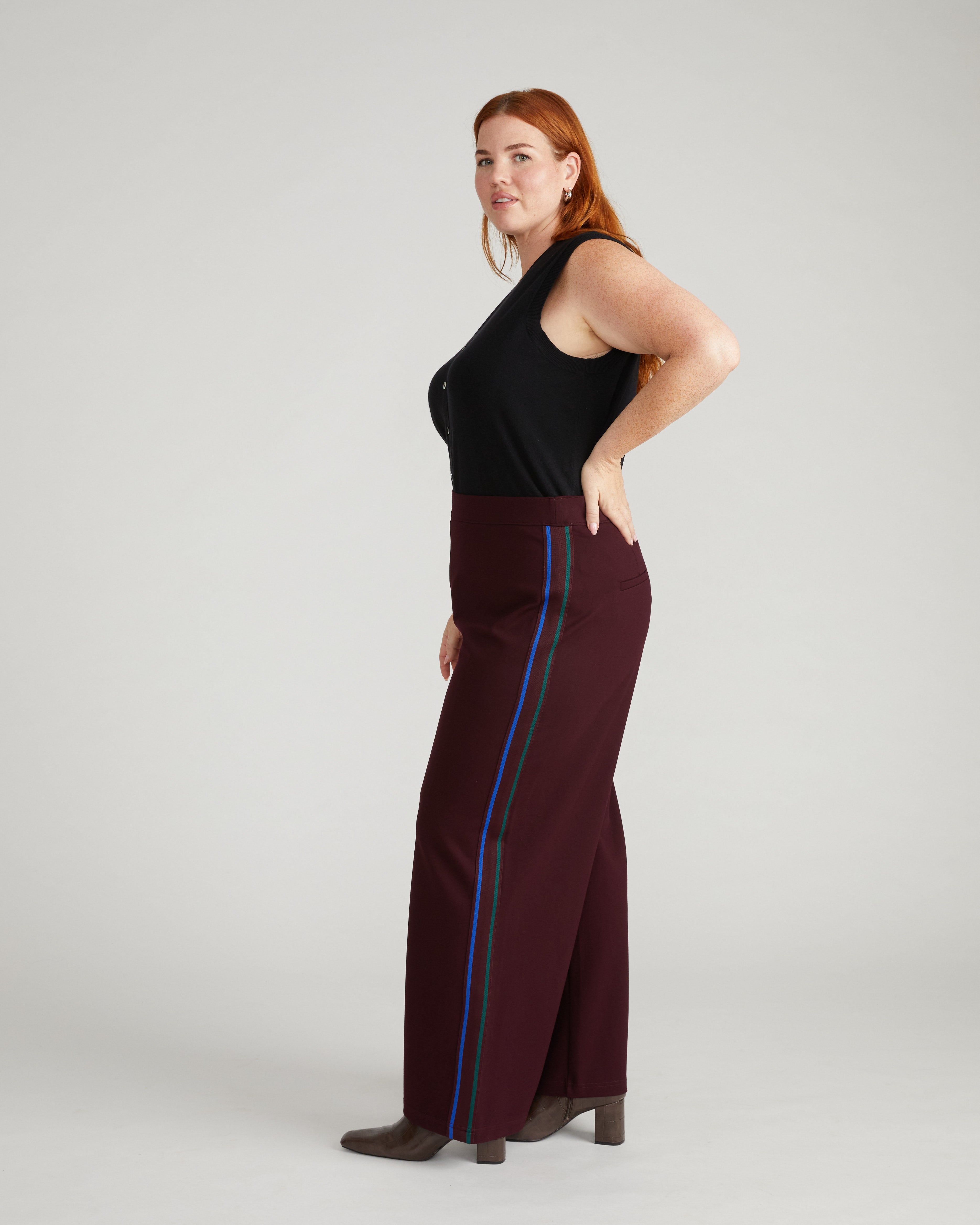 Stephanie Wide Leg Stripe Ponte Pants 30 Inch - Black Cherry with
