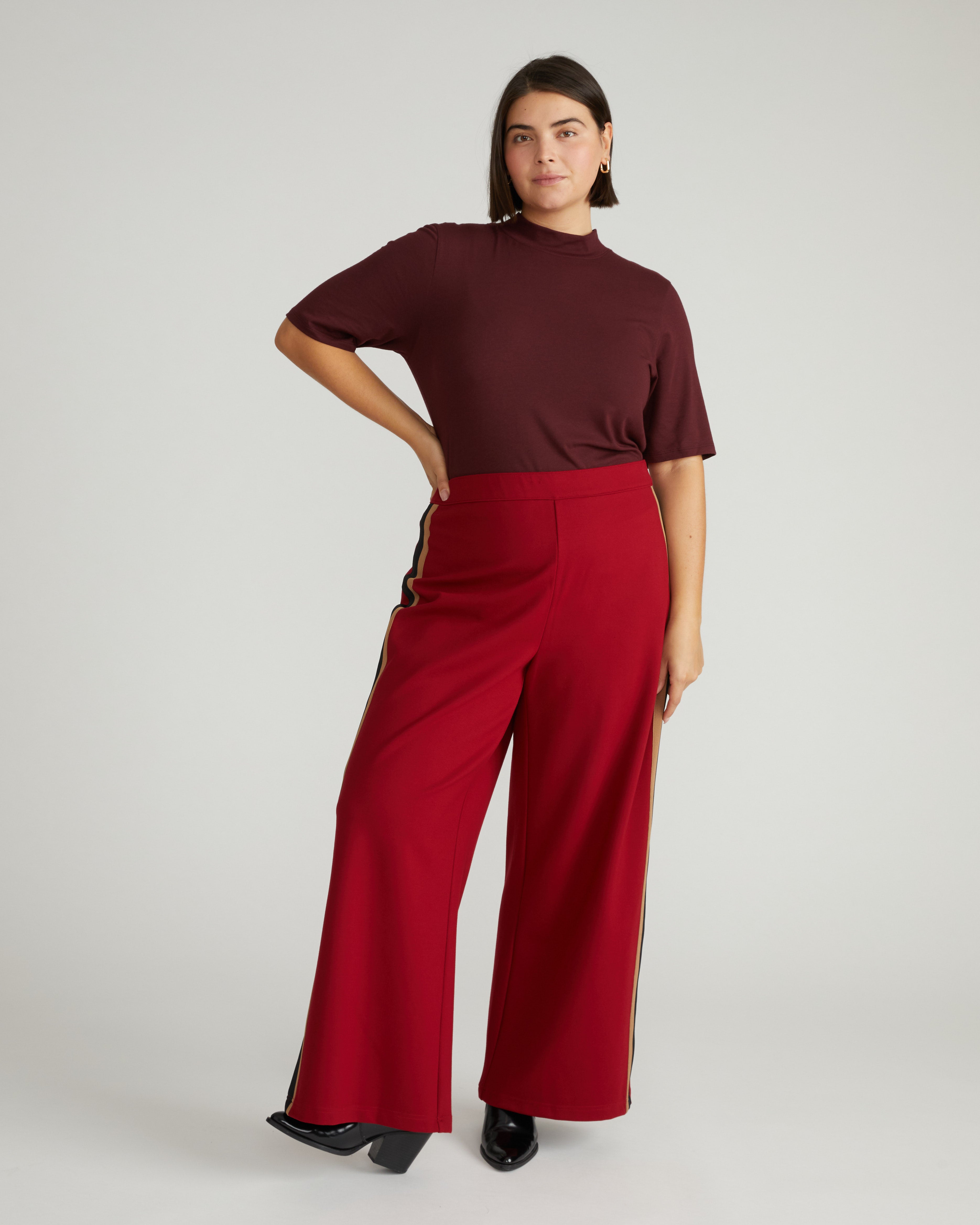 Stephanie Wide Leg Stripe Ponte Pants 30 Inch - Garnet with Camel